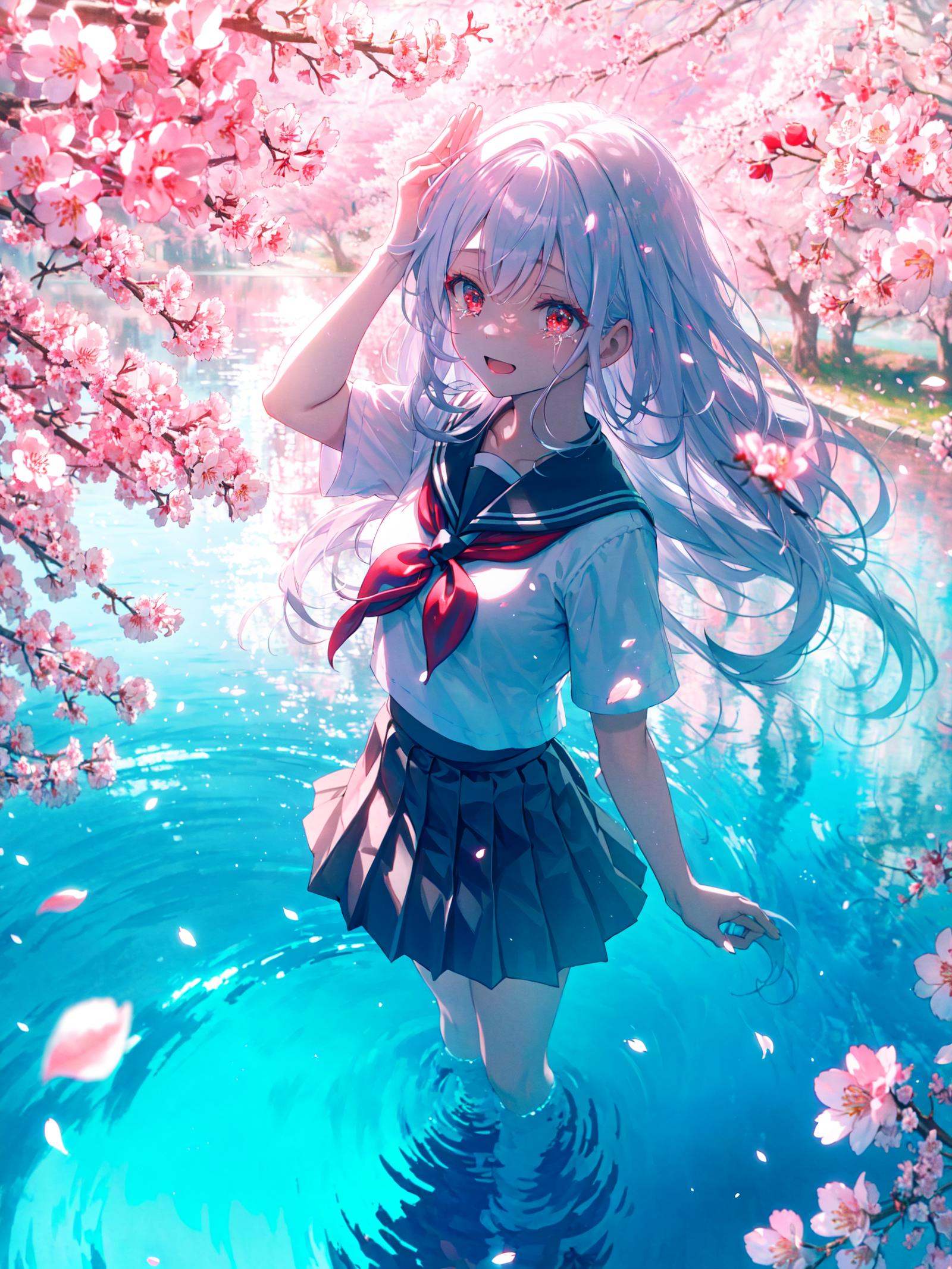 dynamic angle,depth of field,best quality, amazing quality, illustration,very aesthetic, absurdres,(masterpiece:1.2),ray tracing,in spring,petals,cherry blossoms,beautiful detailed sky,from above,1girl,solo,red eyes,small breasts,messy hair,hair floating in the air,long hair,white hair,hair tucking,hand in hair,:d, tears, bow, skirt,serafuku,pleated skirt,water,reflection,standing on liquid,light particles,bokeh,blurry,depth of field,blurry background.