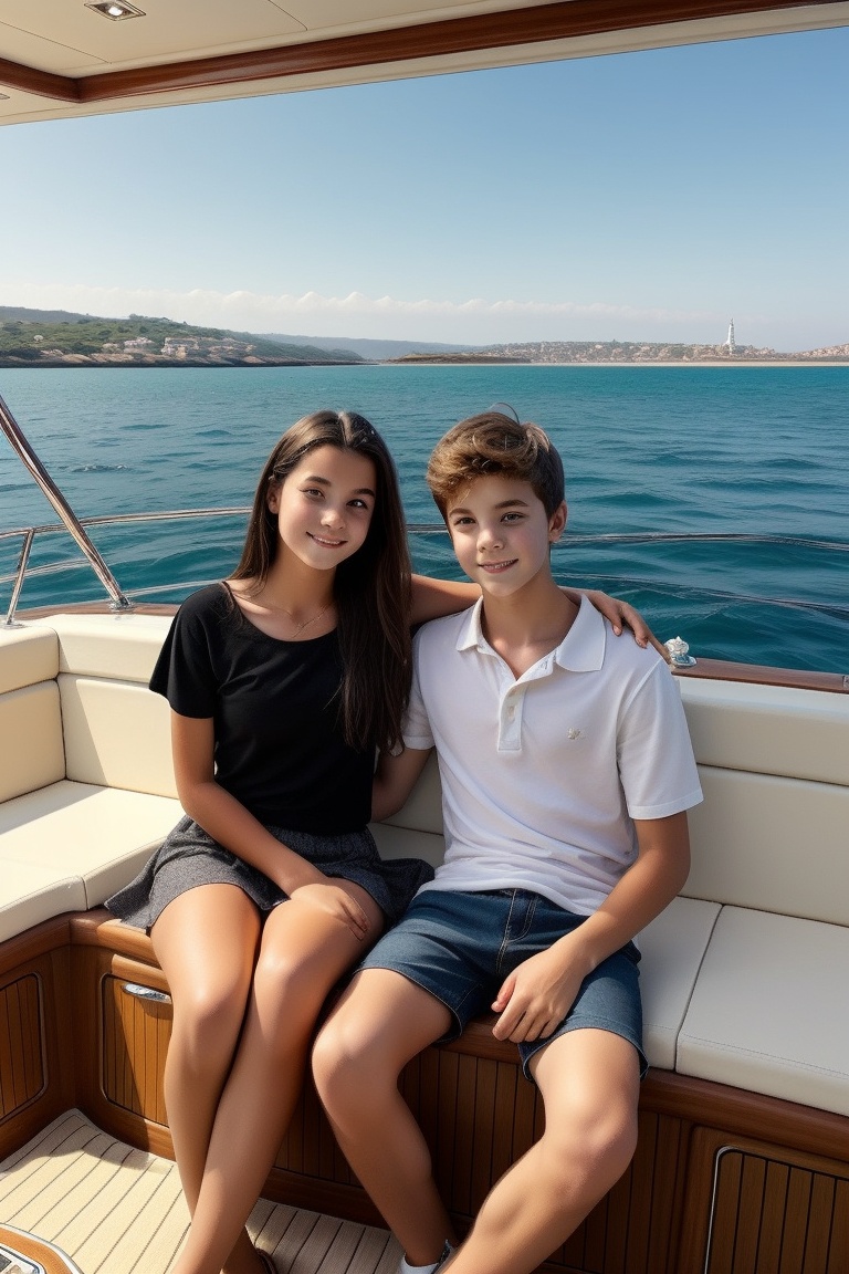 A teenage girl and her younger brother enjoying a private yacht cruise,  with stylish interiors and a stunning sea view. o...