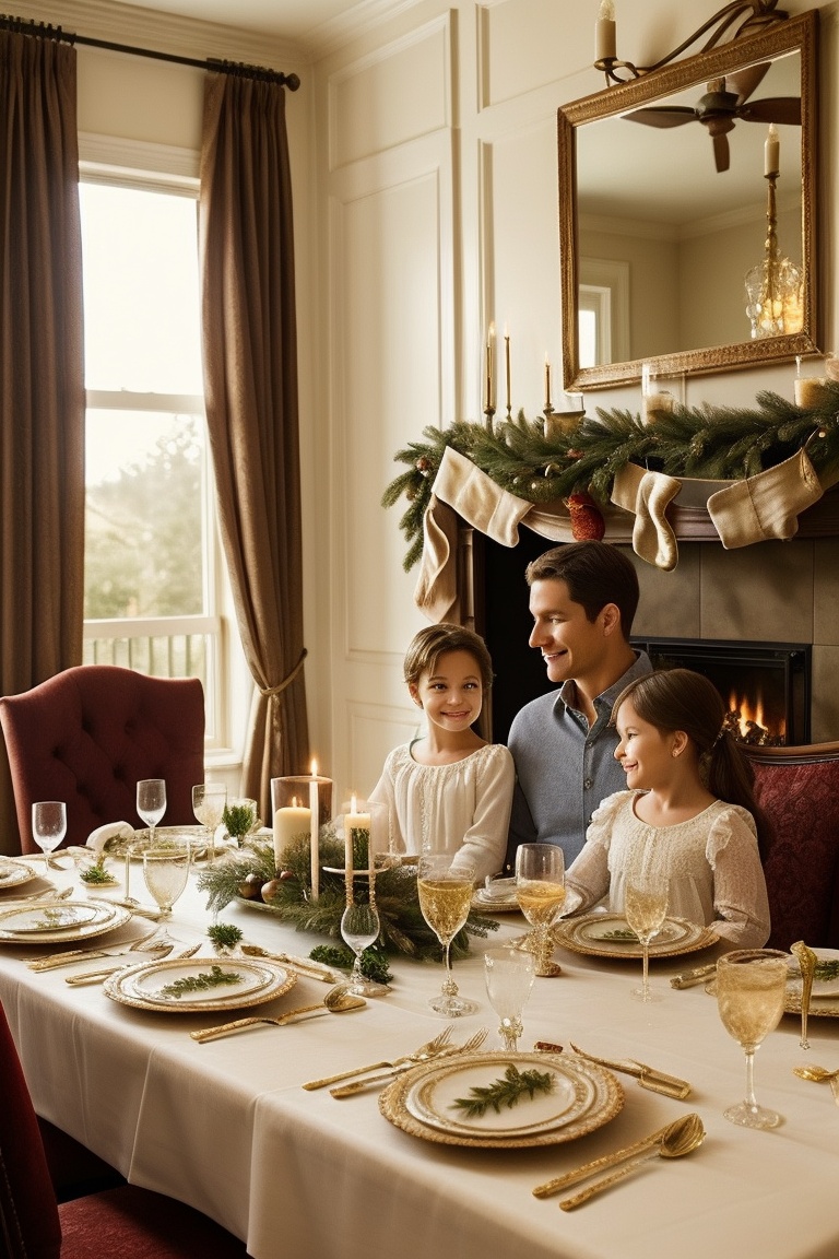 A family gathered in a luxurious dining room for a holiday feast,  with a beautifully set table,  fine china on Tensor.Art