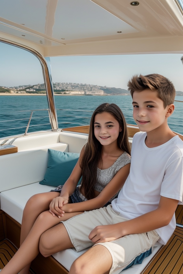 A teenage girl and her younger brother enjoying a private yacht cruise,  with stylish interiors and a stunning sea view. o...