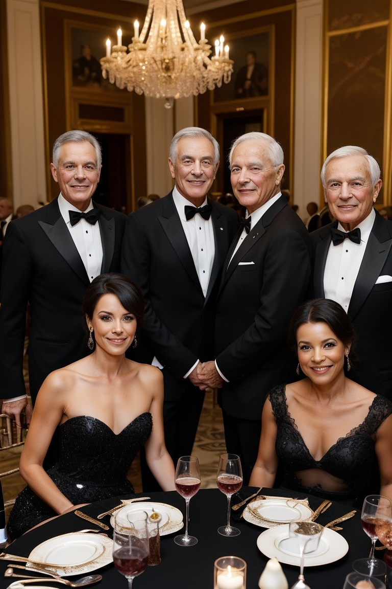 A group of friends of different ages attending a black-tie event,  with everyone dressed in their finest attire and a glam...