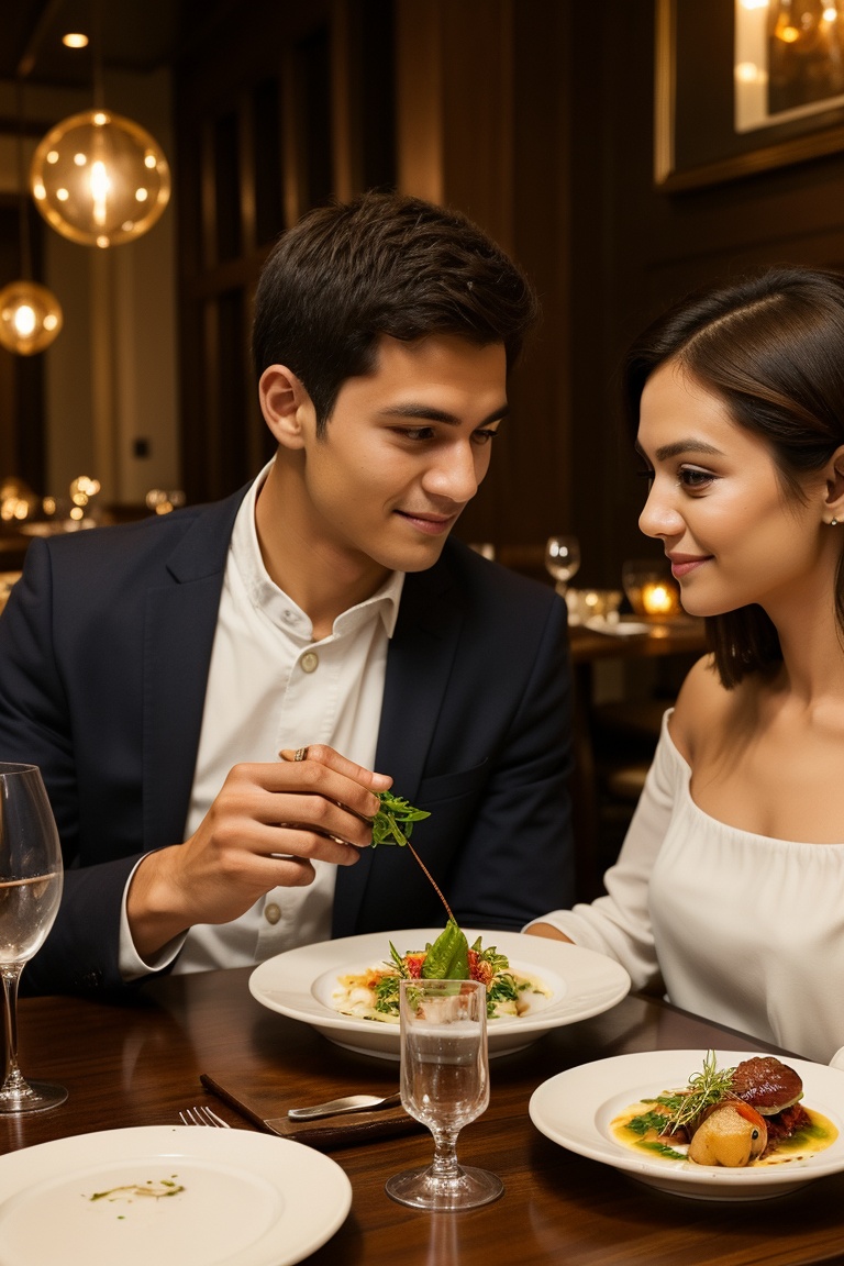 A couple in their twenties dining at an upscale restaurant,  with beautifully presented gourmet dishes and an elegant ambi...