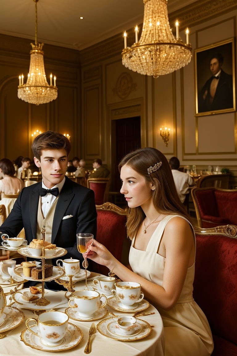 A group of teenagers enjoying a sophisticated afternoon tea in an ornate tearoom,  with fine china and delicate pastries o...
