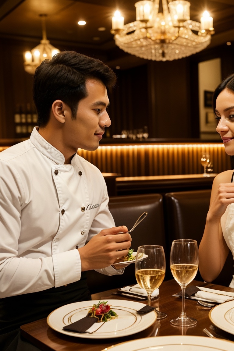 A couple in their twenties dining at an upscale restaurant,  with beautifully presented gourmet dishes and an elegant ambi...