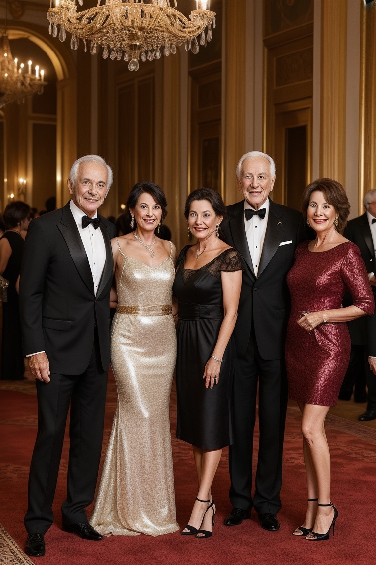 A group of friends of different ages attending a black-tie event,  with everyone dressed in their finest attire and a glam...