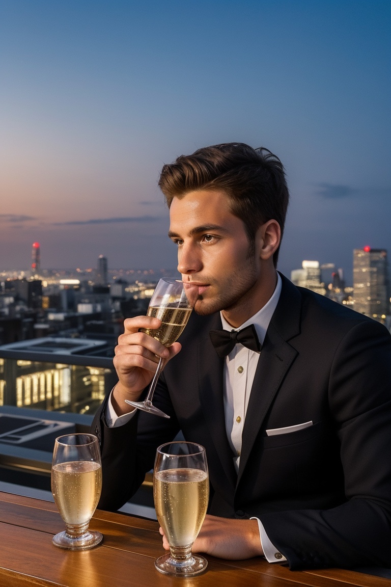 A young man sipping champagne at a rooftop bar,  with a stunning cityscape view and stylish modern decor. on Tensor.Art