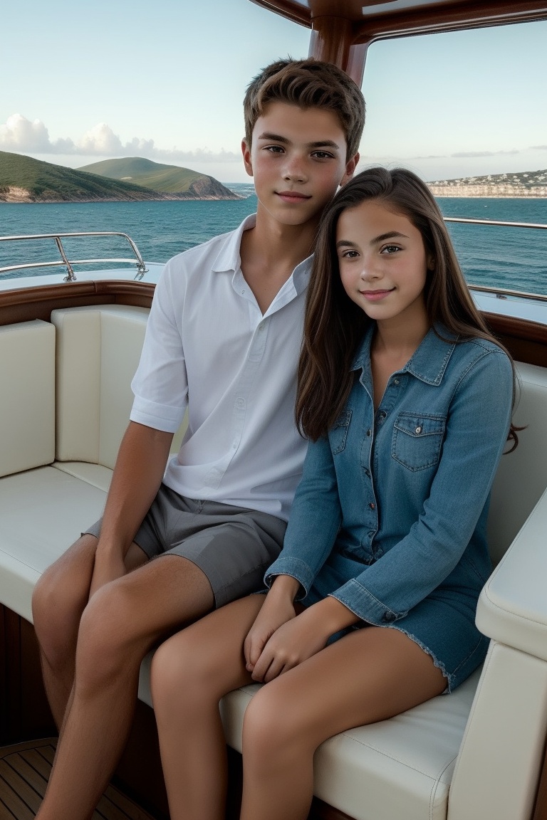 A teenage girl and her younger brother enjoying a private yacht cruise,  with stylish interiors and a stunning sea view. o...
