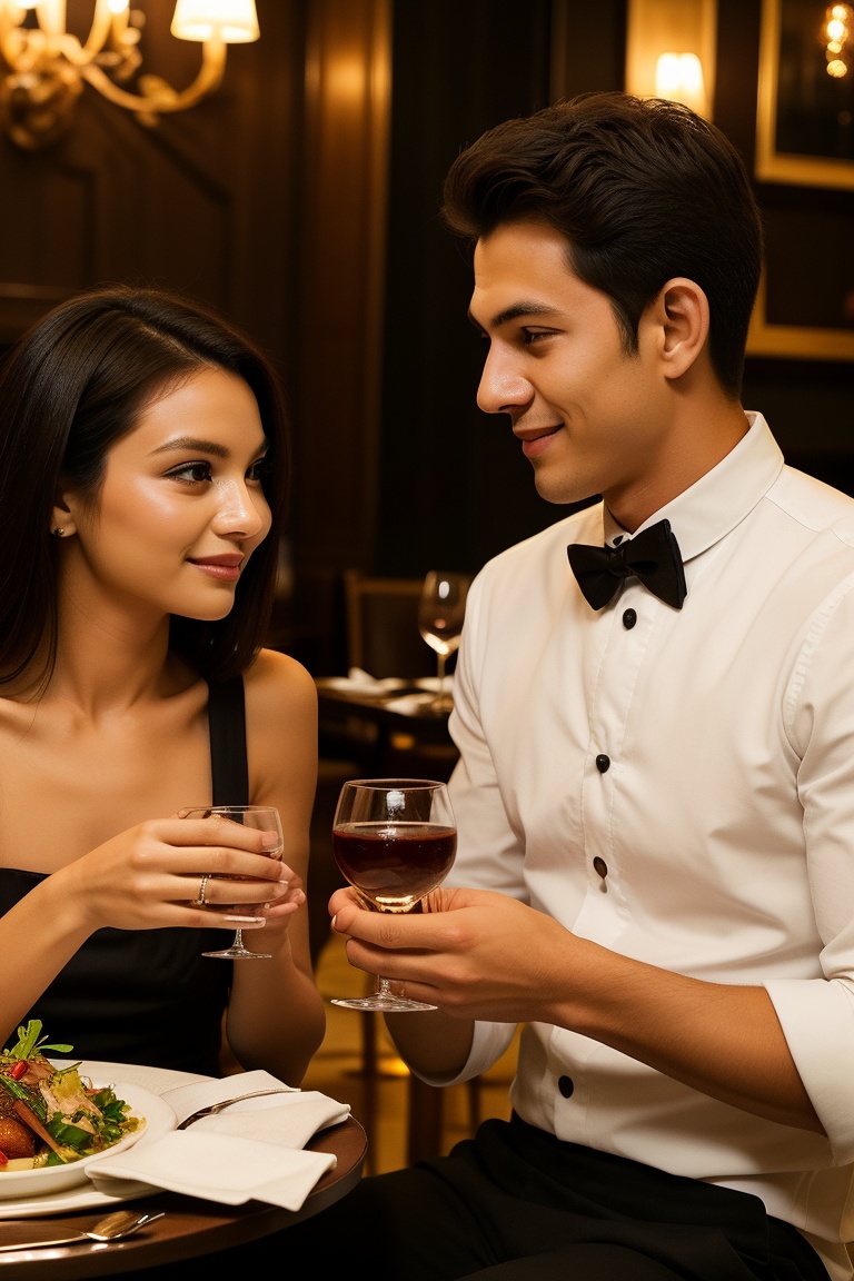 A couple in their twenties dining at an upscale restaurant,  with beautifully presented gourmet dishes and an elegant ambi...