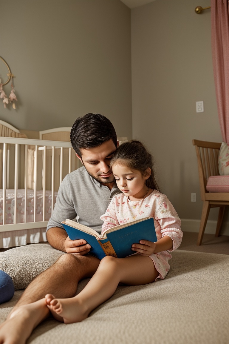 A young father reading a bedtime story to his toddler daughter in a beautifully decorated nursery with luxurious furnishin...