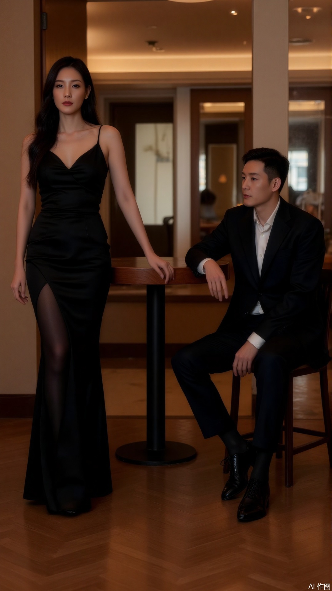 Photorealistic style. Cinematic warm lighting rendering. Centered composition. A statuesque woman in a sensual black dress, long legs sheathed in alluring black sheer tights, stiletto heels sharp, leans casually on a bar stool. Beside her, a man sits upright in tailored dark suit and trousers, subtle black sheer socks with polished dress shoes, engaged in conversation. Soft overhead light and highlights sculpt their forms, bokeh background suggests intimate luxury. Ultra HD 8K, masterwork detail and lighting..,jzns,brn,sheer socks,