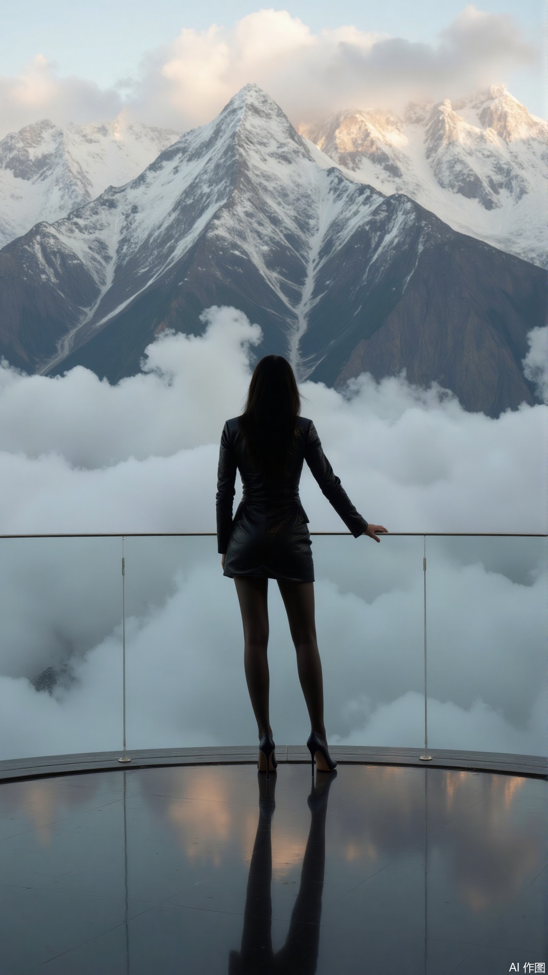 A tall woman stands on a glass - bottomed observation deck, gripping the railing as she leans forward, gazing intently at the sea of clouds below. Her eyes are deep and serene. Clad in a shimmering sexy business suit, her bodycon skirt and black sheer tights outline every curve of her long legs. Standing with muscles subtly tensed, her knees slightly inward, calves extending straight, her stiletto heels firmly anchor her to the transparent floor. Against the backdrop of snow - capped mountains veiled in mist, with golden sunlight piercing through the clouds at dawn, this is rendered with realistic style, cinematic fantastical lighting, and the rule of thirds, creating a breathtaking high - definition visual masterpiece..plns,plsw,sheer tights,flesh-colored pantyhose,Mirror-reflective Background