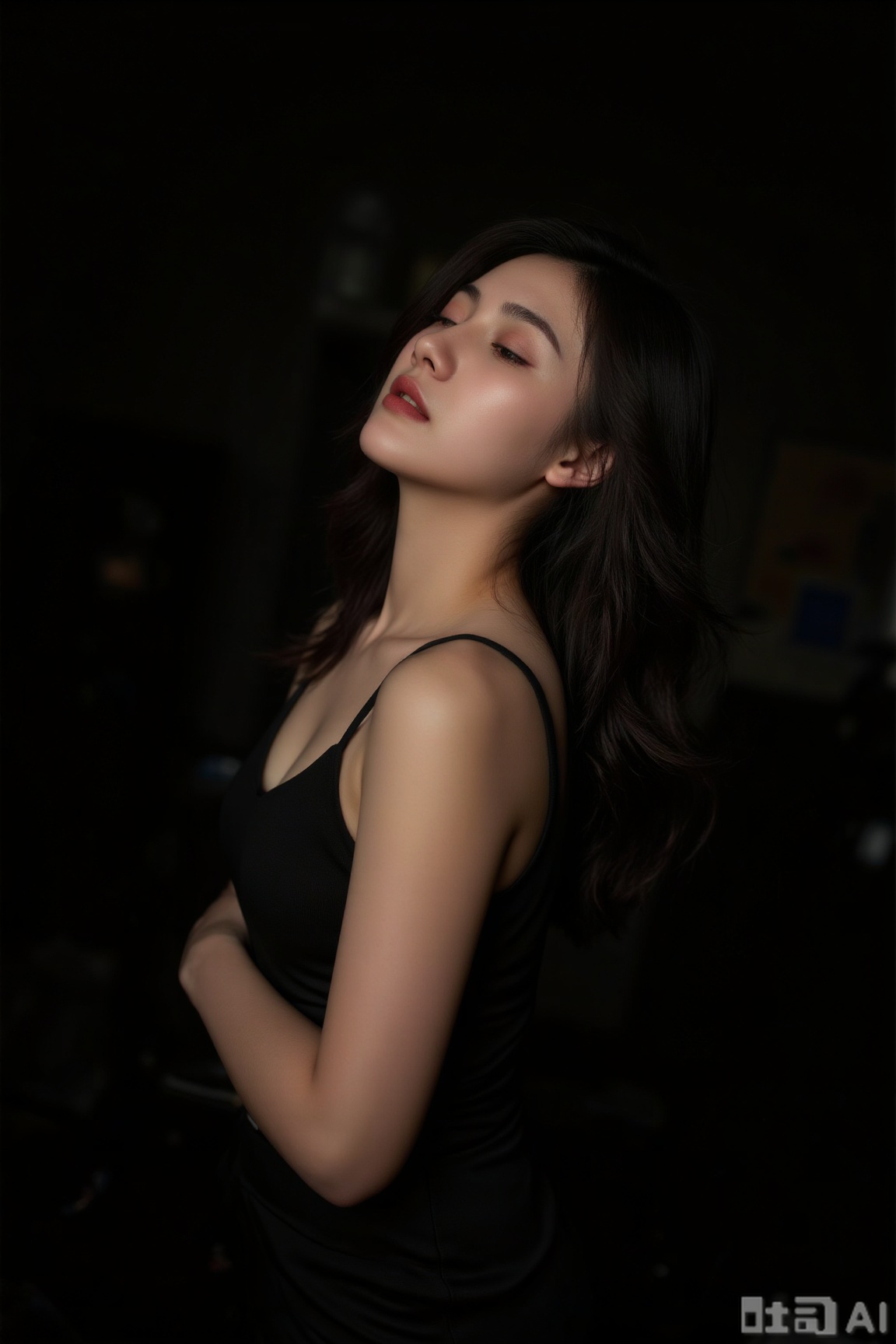 Character: Female posture is quiet, with light and shadow projection on the face and shoulders and neck
Action: Side sideways, slightly raised head, closed eyes or closed eyes, presenting elegant and mysterious static beauty
Scene: dark background, create a sense of space
Composition: vertical close-up, focusing on the upper body of the character
Color tones: high contrast enhances the light and shadow level, creating an artistic atmosphere
Light: Project light from the side to form striped shadows, sculpting the outline and texture of the character
Picture style: Art photo / Fashion blockbuster style, using light and shadow, black, white and gray to convey high-end and mysterious sense
Background elements: dark and blurred, highlighting light and shadow and character body, with vague drooping texture,plns