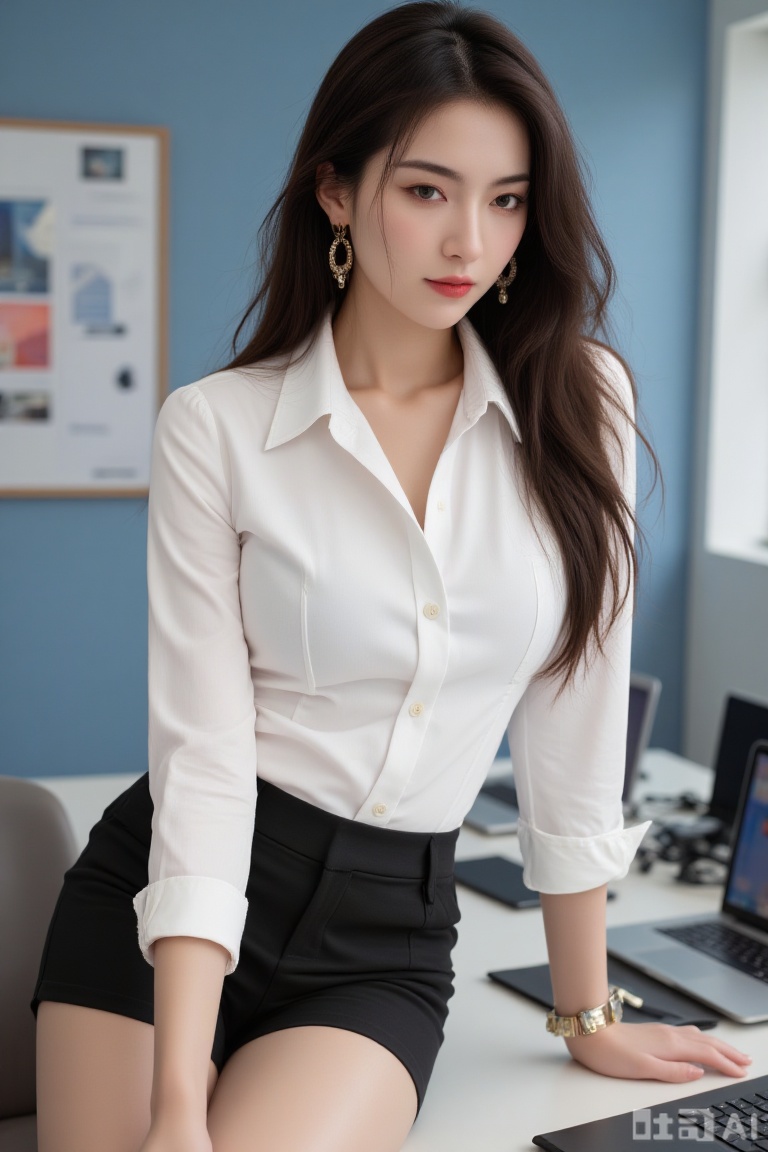 Key elements: workplace women, white shirts, black straps and shorts, office scene items (laptops, keyboards, notebooks), simple accessories (large earrings, watches).
Character: Long-haired woman, delicate makeup, the second button on the white lapel shirt she wore was unbuttoned, revealing part of her cleavage, slightly rolled up her cuffs, paired with black strap shorts, large round earrings, and exquisite watches on her wrists.
Action: lean forward, support the table with both hands, look down, and focus on the workplace.
Scene: Indoor office space, with laptops, keyboards, and black notebooks placed on the desk to create a quiet office atmosphere.
Composition: The characters are located in the center of the picture, and balance the picture with the objects on the table to highlight the subject.
Shooting angle: A horizontal perspective, naturally shows the character's expression and outfit details, and brings the viewer closer to the viewer.
Color tones: mainly fresh and soft, with classic black and white colors (shirts, shorts), and blue and gray background tones add calmness, natural skin tone, and overall harmony.
Light: Soft scattering light indoors, evenly illuminating the characters, highlighting the material feeling of skin and clothing, without strong shadows.
Picture style: modern workplace fashion style, integrating professionalism and fashionable charm, conveying a capable and exquisite atmosphere.
Background elements: fuzzy interior windows and building outlines, which concisely sets the characters and does not interfere with the subject.
,plns,xfg,portrait