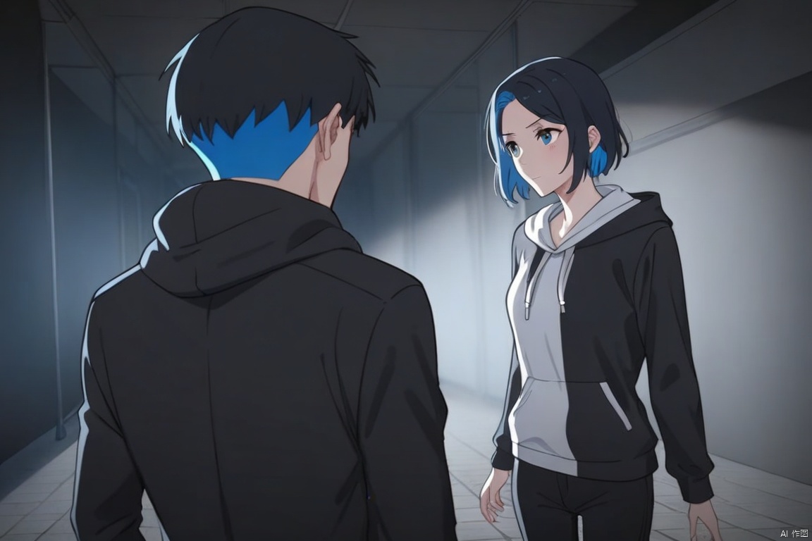 (1girl: a black hoodie and black short hair quarrel with),  1boy: blue undercut hair in white hoodie and black pants in a...
