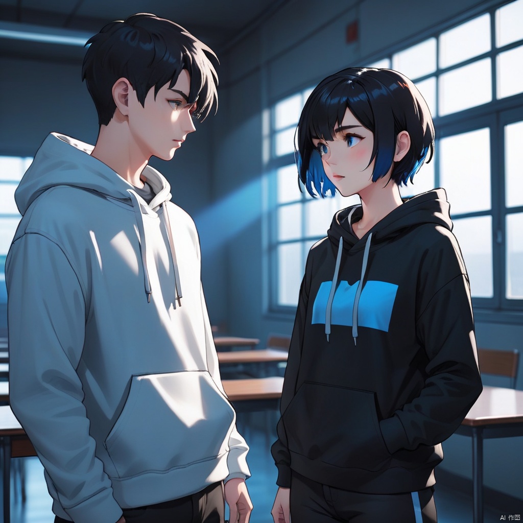(1girl: a black hoodie and black short hair quarrel with),  1boy: blue undercut hair in white hoodie and black pants in a...