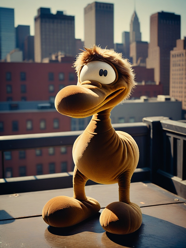 A striking vintage photo of velvet clmnt as a furry platypus on the New York rooftop . The scene is captured using the leg...