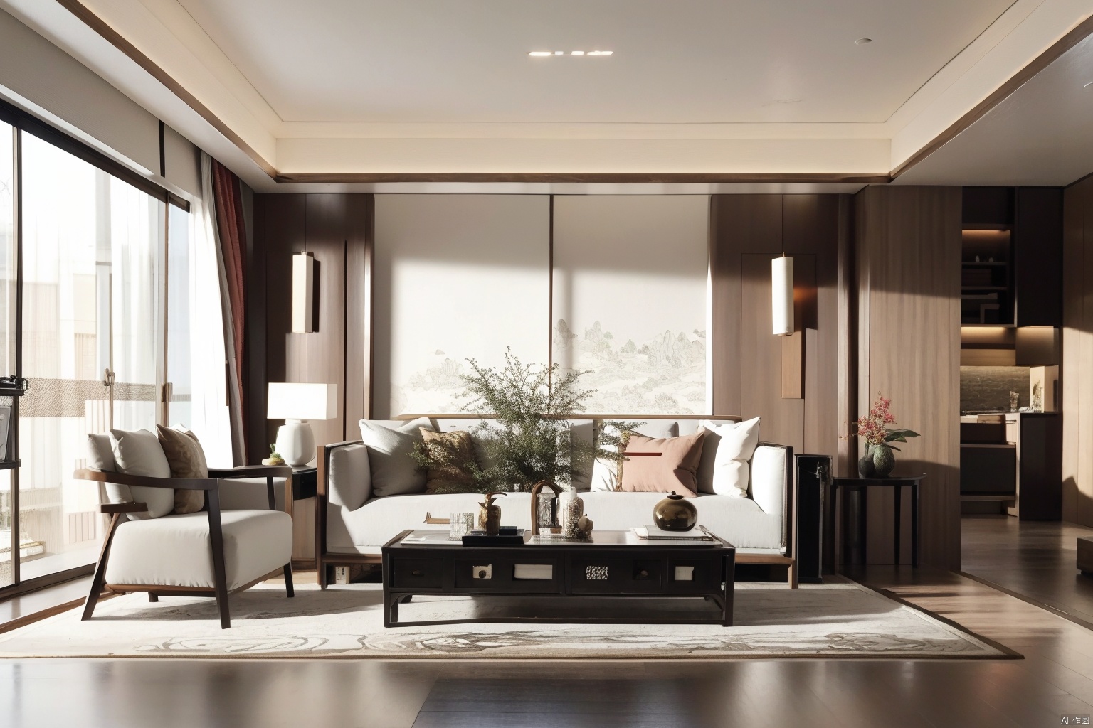 New Chinese style living room,indoors, book, no humans, window, chair, table, plant, scenery, couch, potted plant, lamp, vase, ceiling light, Lao Chen, indoor,Ancient China_Indoor scenes,Natural Light