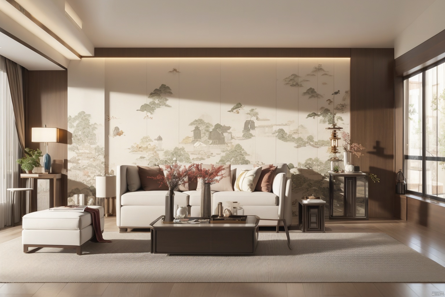 New Chinese style living room,indoors, book, no humans, window, chair, table, plant, scenery, couch, potted plant, lamp, vase, ceiling light, Lao Chen, indoor,Ancient China_Indoor scenes,Natural Light