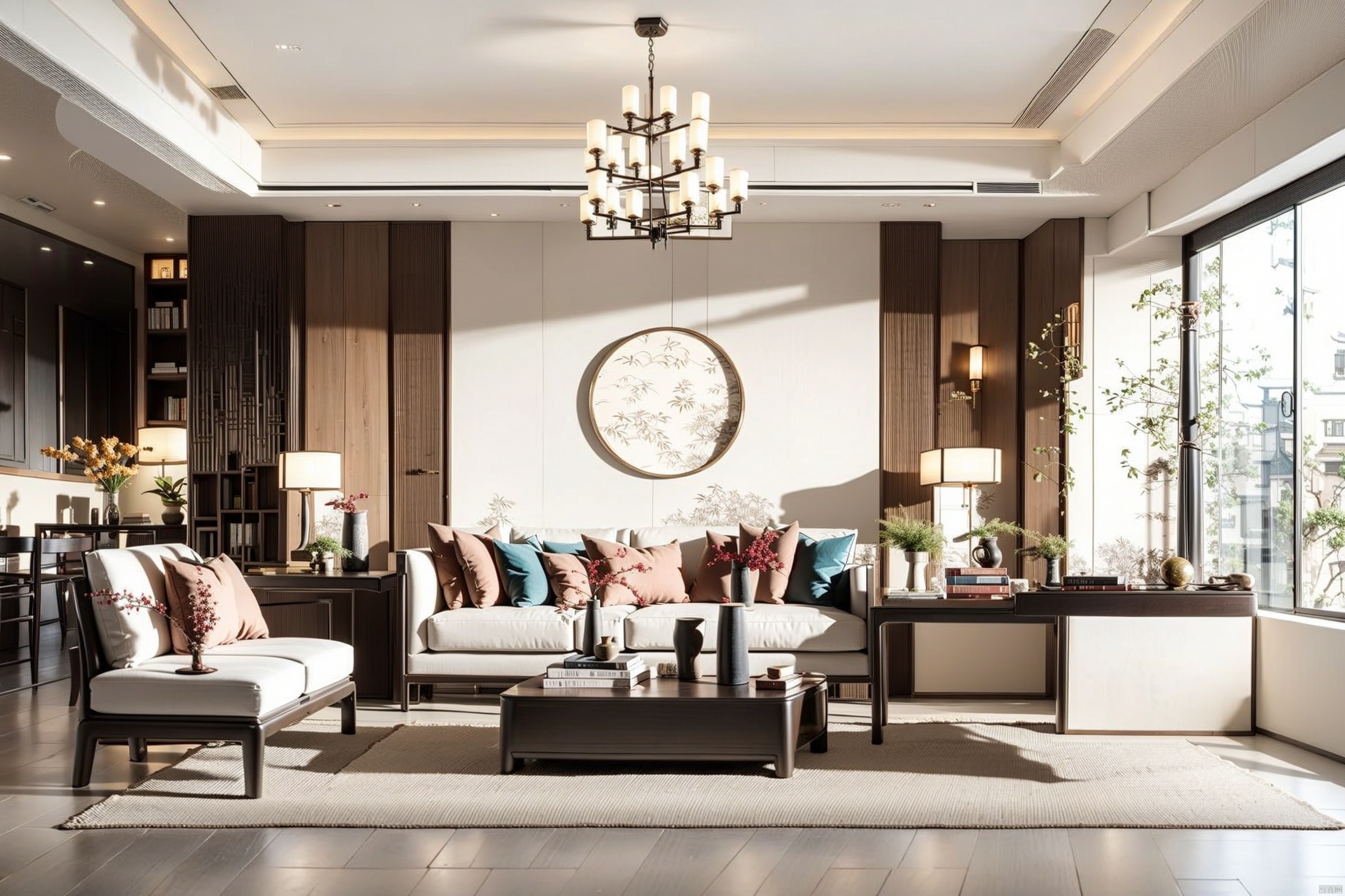 New Chinese style living room, indoor, with books, no people, windows, chairs, tables, scenery, sofas, potted plants, vases, new Chinese style chandeliers, natural light