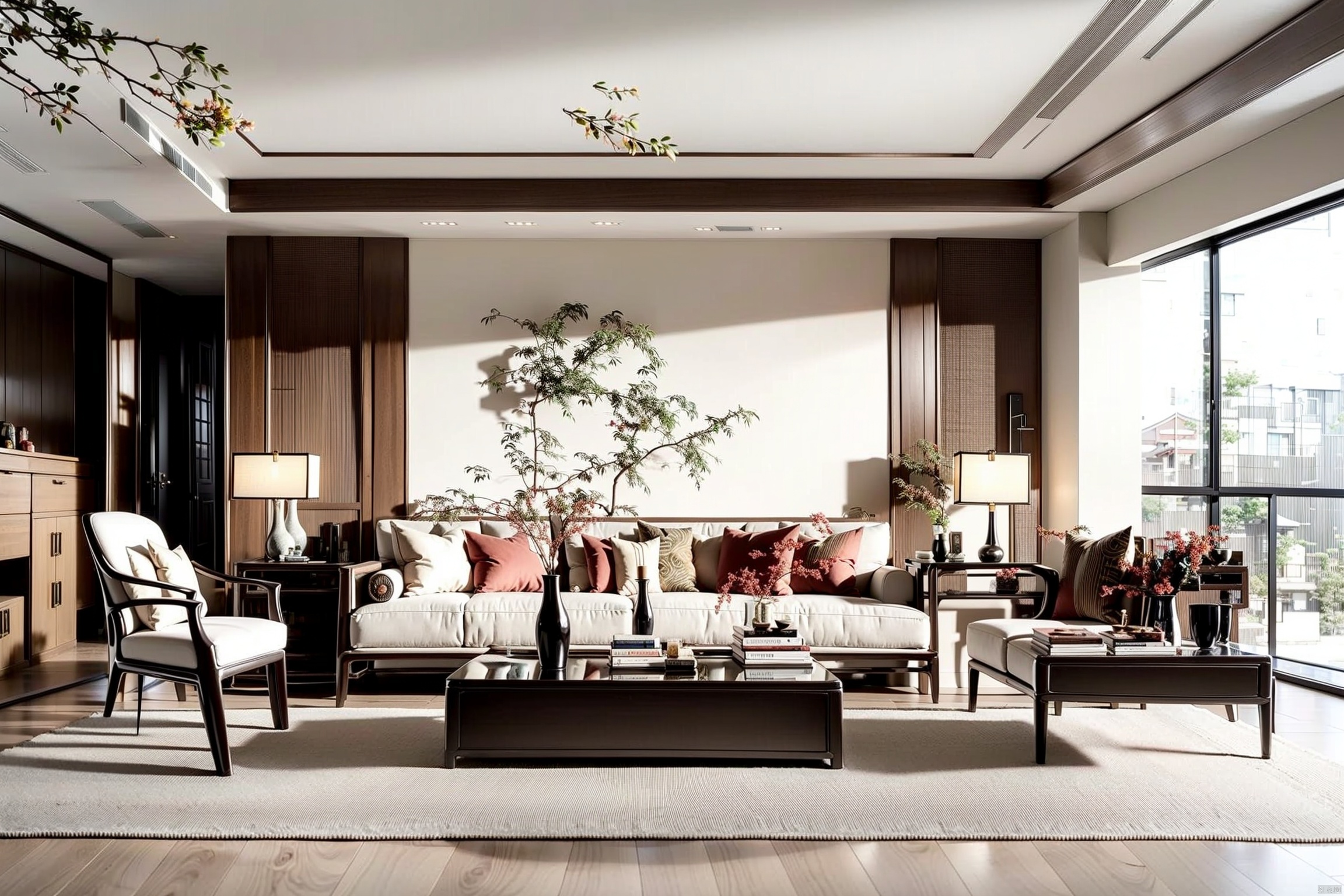 New Chinese style living room, indoor, with books, no people, windows, chairs, tables, scenery, sofas, potted plants, vases, new Chinese style chandeliers, natural light, Lao Chen
