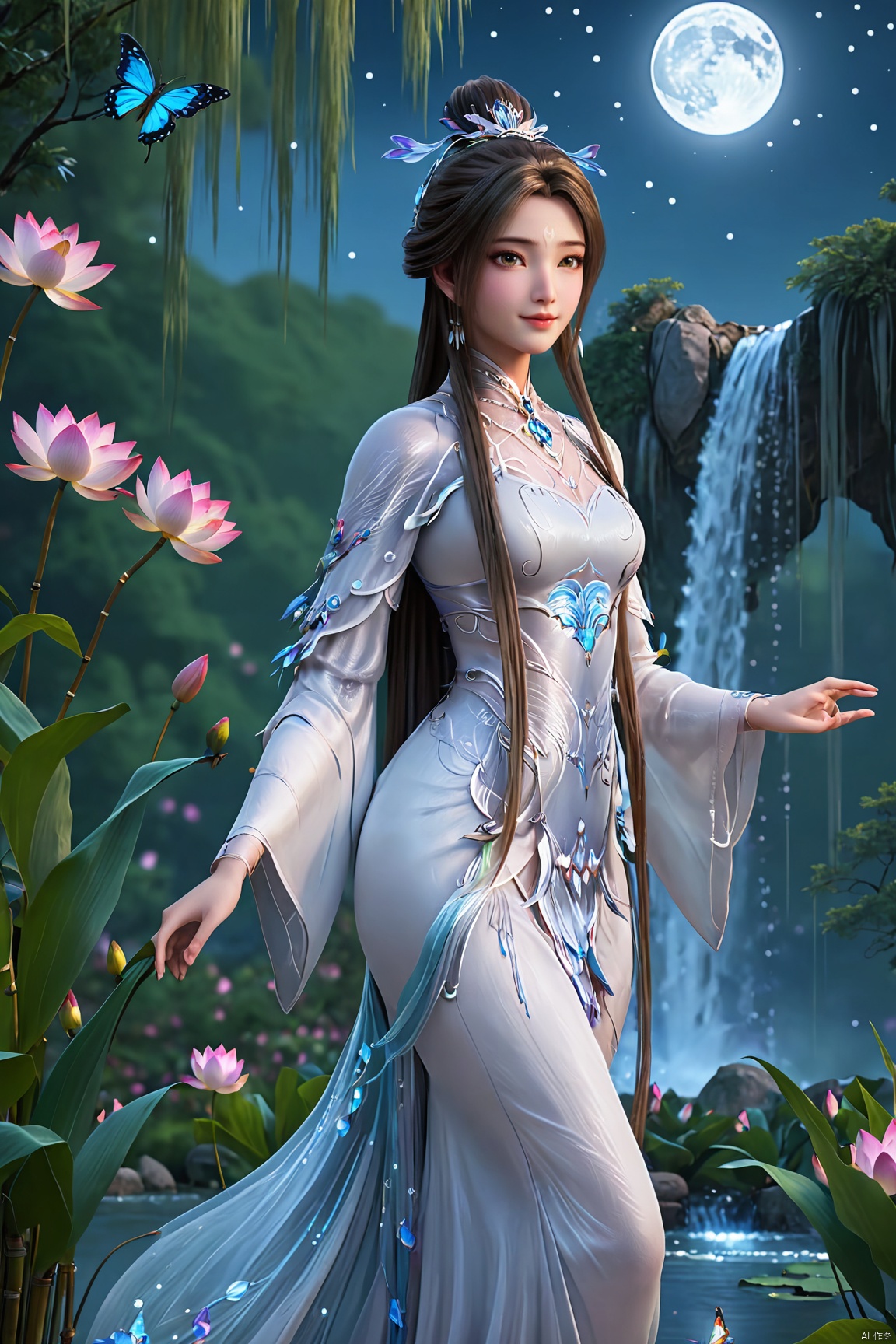 masterpiece,(best quality),official art,(extremely delicate and beautiful),,1girl,Depth of field,kind smile,looking_at_viewer,Dynamic pose,Xluxueqi,(big breasts:1.59), full moon,flowers,Waterfall, lotus, willow, butterfly
