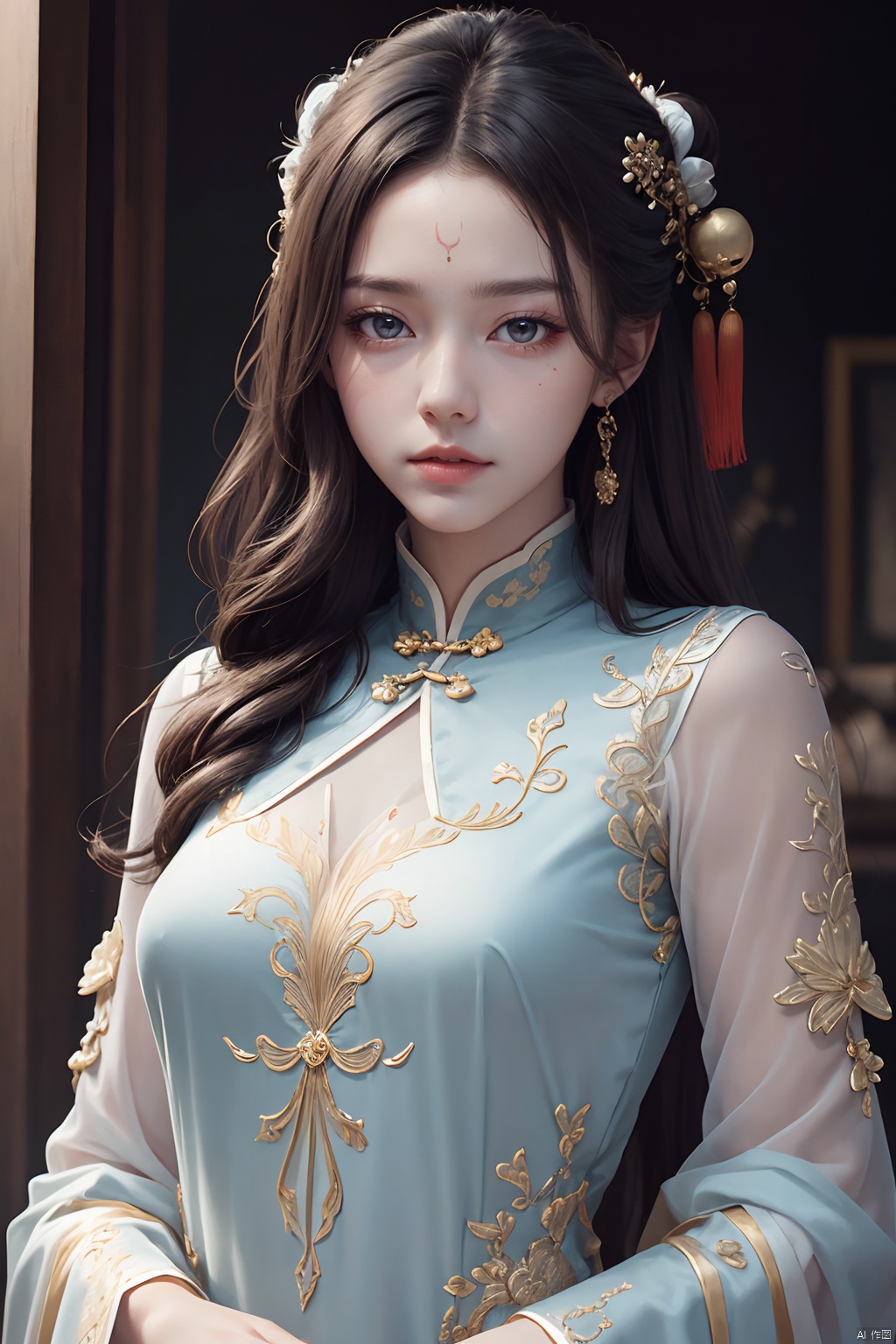 masterpiece,(best quality),official art,extremely detailed cg 8k wallpaper,(extremely delicate and beautiful),solo,realistic,photo_\(medium\),hiqcgbody,(upper body),1girl,chinese clothes,long sleeves,hair bun,forehead mark,long hair,facial mark,hair ornament,,Xluxueqi