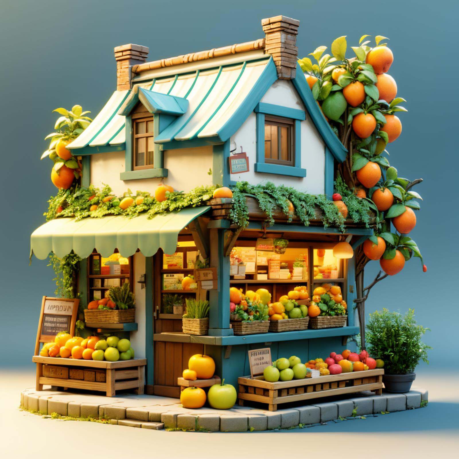 HEZI,play house,Play style,single scene,no humans,fruit,food,plant,orange \(fruit\),potted plant,scenery,window,barrel,outdoors,tree,door,blue background,chimney,shop,building,house,day,apple,flower pot,basket,lantern,sign,crate,jar,