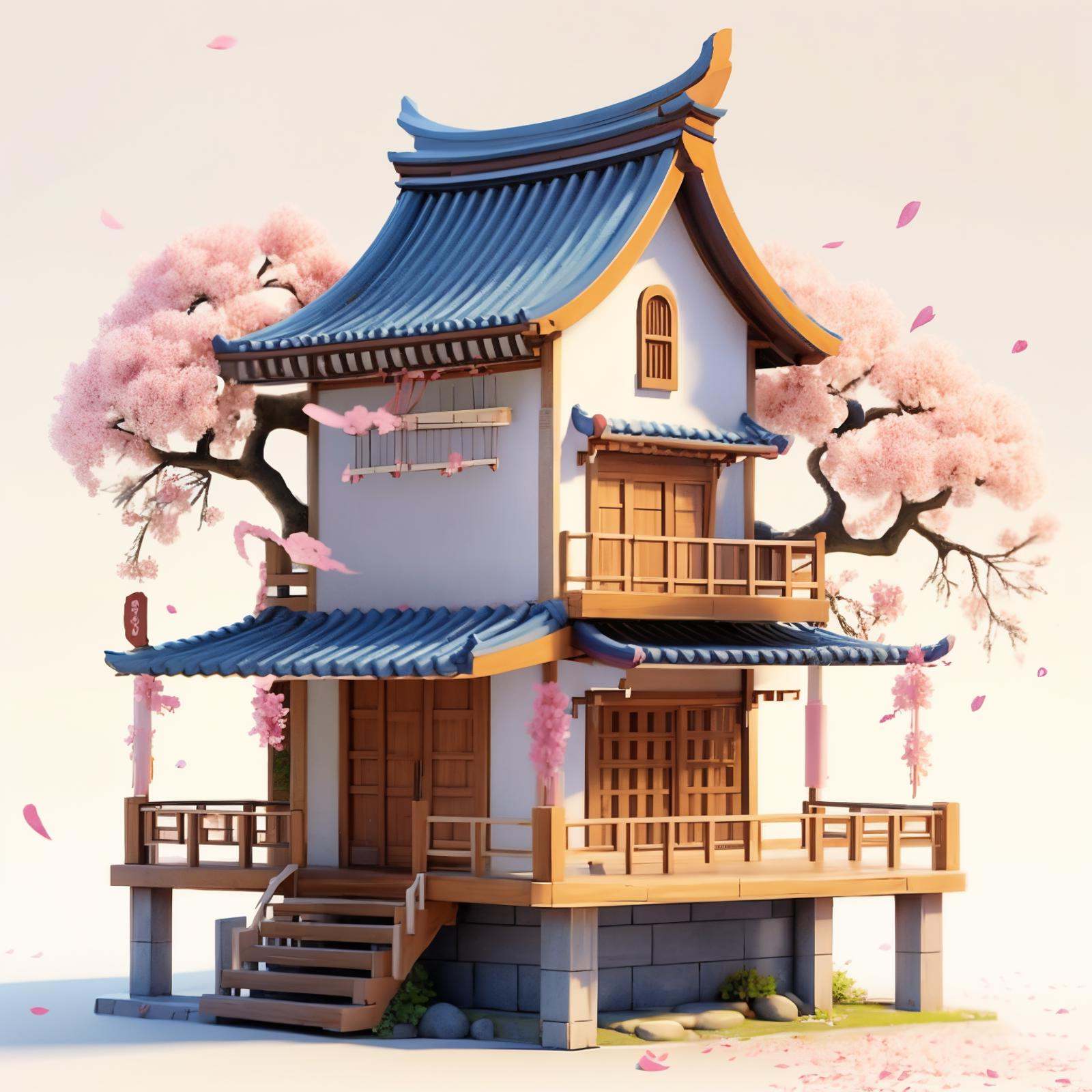 HEZI,play house,Play style,single scene,no humans,scenery,stairs,architecture,petals,east asian architecture,cherry blossoms,flower,building,railing,door,outdoors,plant,simple background,