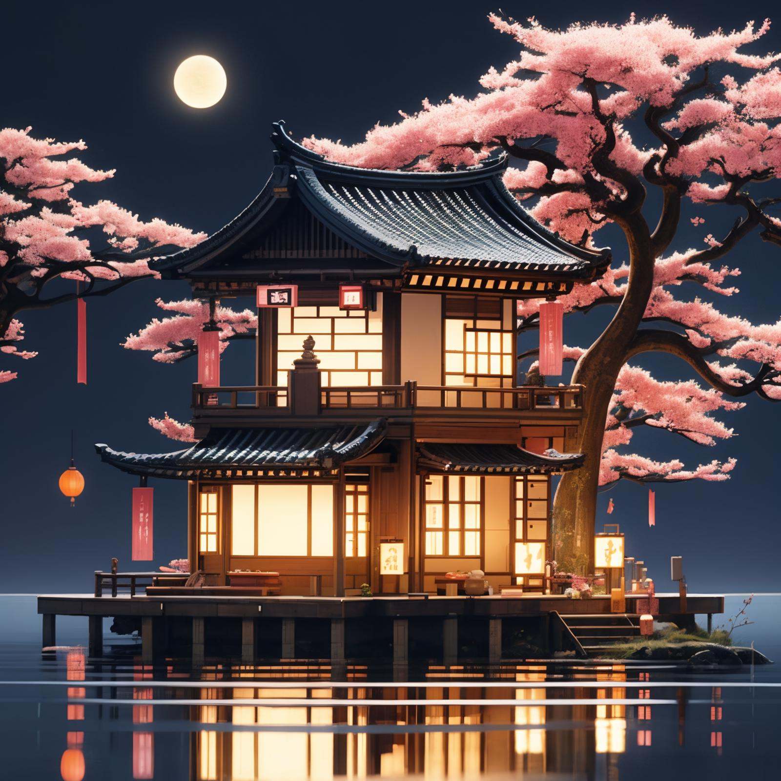 HEZI,play house,Play style,single scene,no humans,scenery,tree,lantern,cherry blossoms,reflection,water,paper lantern,architecture,outdoors,plant,night,east asian architecture,potted plant,building,reflective water,