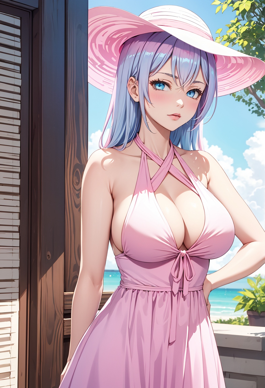 ((pink halter dress)),  sun hats1:3,  in agarde on Tensor.Art