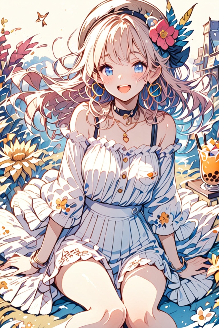 Delicate pink and white hues dominate the whimsical scene as a kawaii chibi girl with luscious locks and bespectacled gaze...