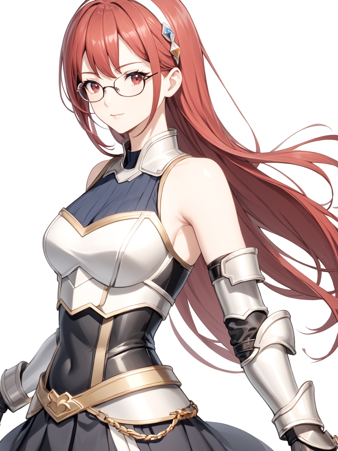 masterpiece, best quality, 8k, 8k UHD, ultra-high resolution, ultra-high definition, highres
,//Character, 
1girl, solo,
,//Fashion, 

,//Background, white_background
,//Others, ,Expressiveh,
Alicia_Isekaimaou, long hair, red hair, red eyes, glasses, hairband, armor, sleeveless, bare shoulders, pleated skirt, black skirt, thighhighs, zettai ryouiki, covered navel, gauntlets, semi-rimless eyewear, under-rim eyewear, breastplate, faulds