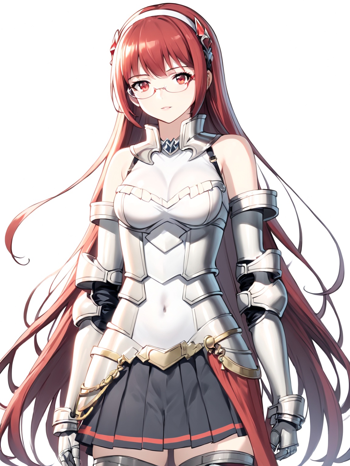 masterpiece, best quality, 8k, 8k UHD, ultra-high resolution, ultra-high definition, highres
,//Character, 
1girl, solo,
,//Fashion, 

,//Background, white_background
,//Others, ,Expressiveh,
Alicia_Isekaimaou, long hair, red hair, red eyes, glasses, hairband, armor, sleeveless, bare shoulders, pleated skirt, black skirt, thighhighs, zettai ryouiki, covered navel, gauntlets, semi-rimless eyewear, under-rim eyewear, breastplate, faulds