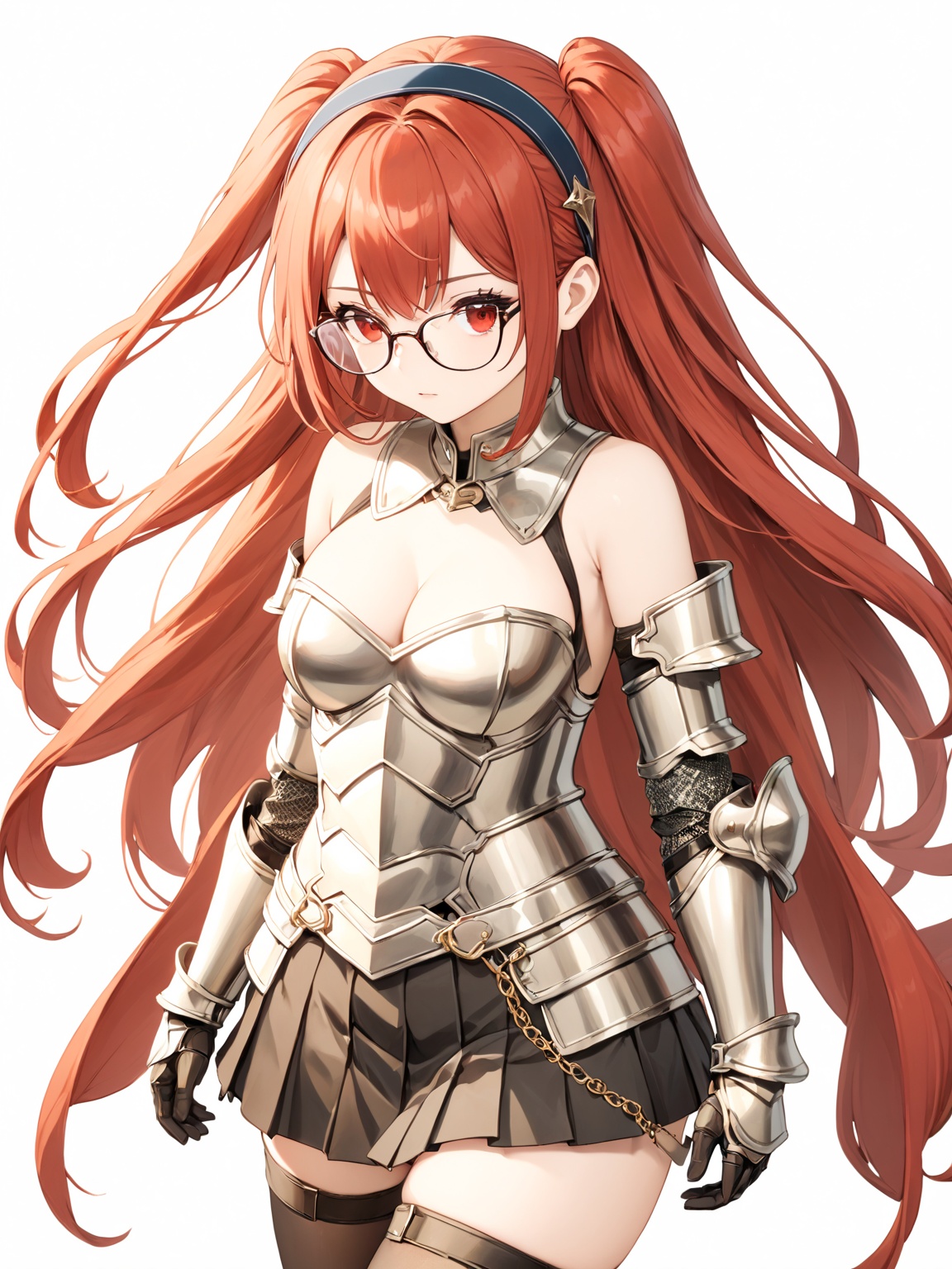 masterpiece, best quality, 8k, 8k UHD, ultra-high resolution, ultra-high definition, highres
,//Character, 
1girl, solo,
,//Fashion, 

,//Background, white_background
,//Others, ,Expressiveh,
Alicia_Isekaimaou, long hair, red hair, red eyes, glasses, hairband, armor, sleeveless, bare shoulders, pleated skirt, black skirt, thighhighs, zettai ryouiki, covered navel, gauntlets, semi-rimless eyewear, under-rim eyewear, breastplate, faulds