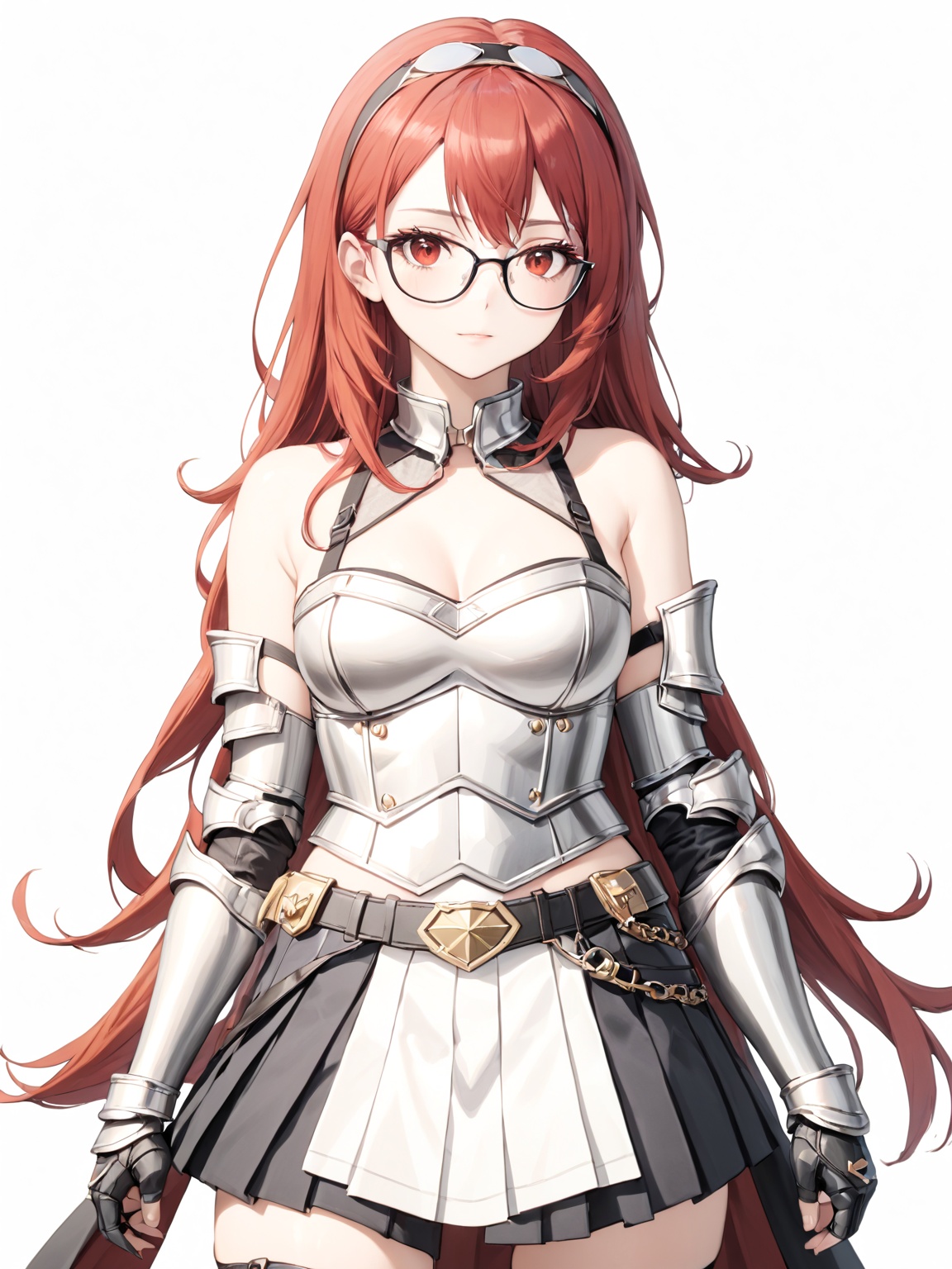 masterpiece, best quality, 8k, 8k UHD, ultra-high resolution, ultra-high definition, highres
,//Character, 
1girl, solo,
,//Fashion, 

,//Background, white_background
,//Others, ,Expressiveh,
Alicia_Isekaimaou, long hair, red hair, red eyes, glasses, hairband, armor, sleeveless, bare shoulders, pleated skirt, black skirt, thighhighs, zettai ryouiki, covered navel, gauntlets, semi-rimless eyewear, under-rim eyewear, breastplate, faulds