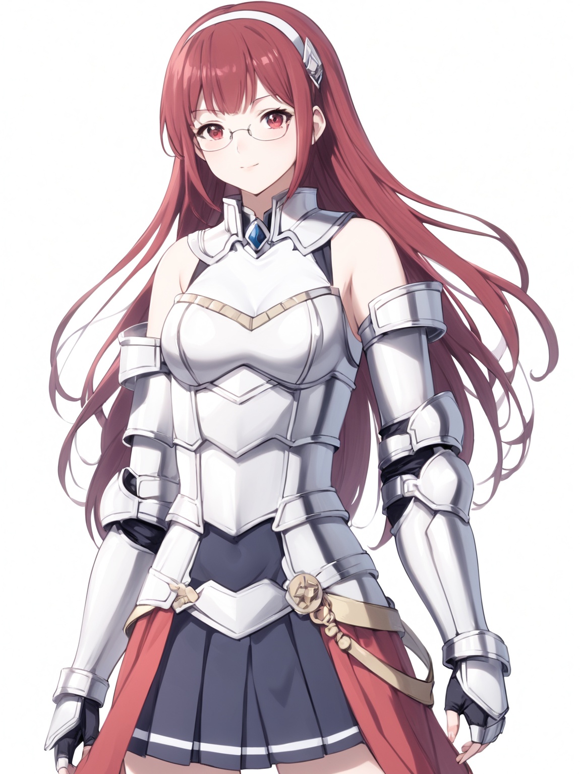 masterpiece, best quality, 8k, 8k UHD, ultra-high resolution, ultra-high definition, highres
,//Character, 
1girl, solo,
,//Fashion, 

,//Background, white_background
,//Others, ,Expressiveh,
Alicia_Isekaimaou, long hair, red hair, red eyes, glasses, hairband, armor, sleeveless, bare shoulders, pleated skirt, black skirt, thighhighs, zettai ryouiki, covered navel, gauntlets, semi-rimless eyewear, under-rim eyewear, breastplate, faulds