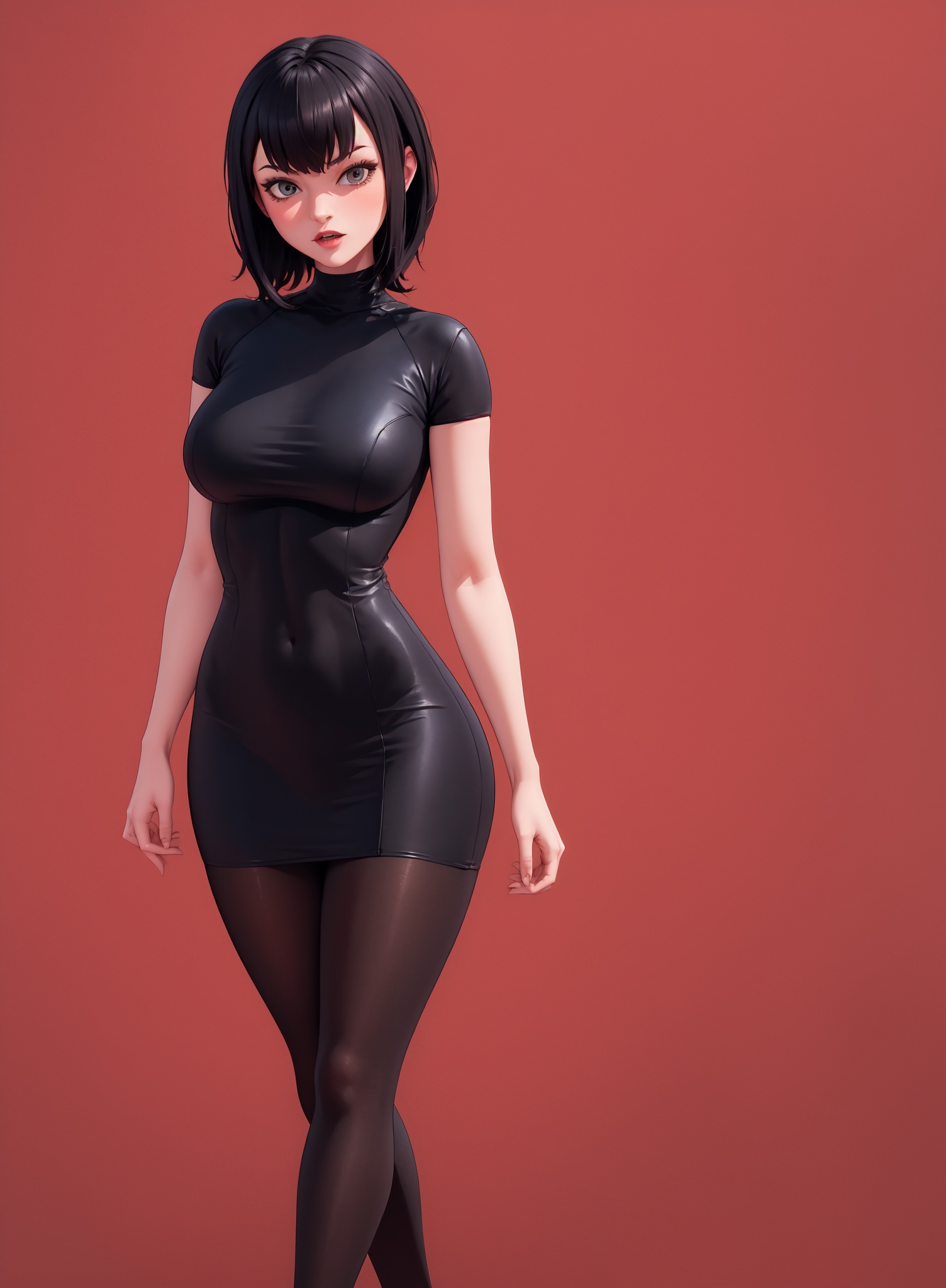 mavis,  tight black dress,  long tights with black and red lines on Tensor.Art