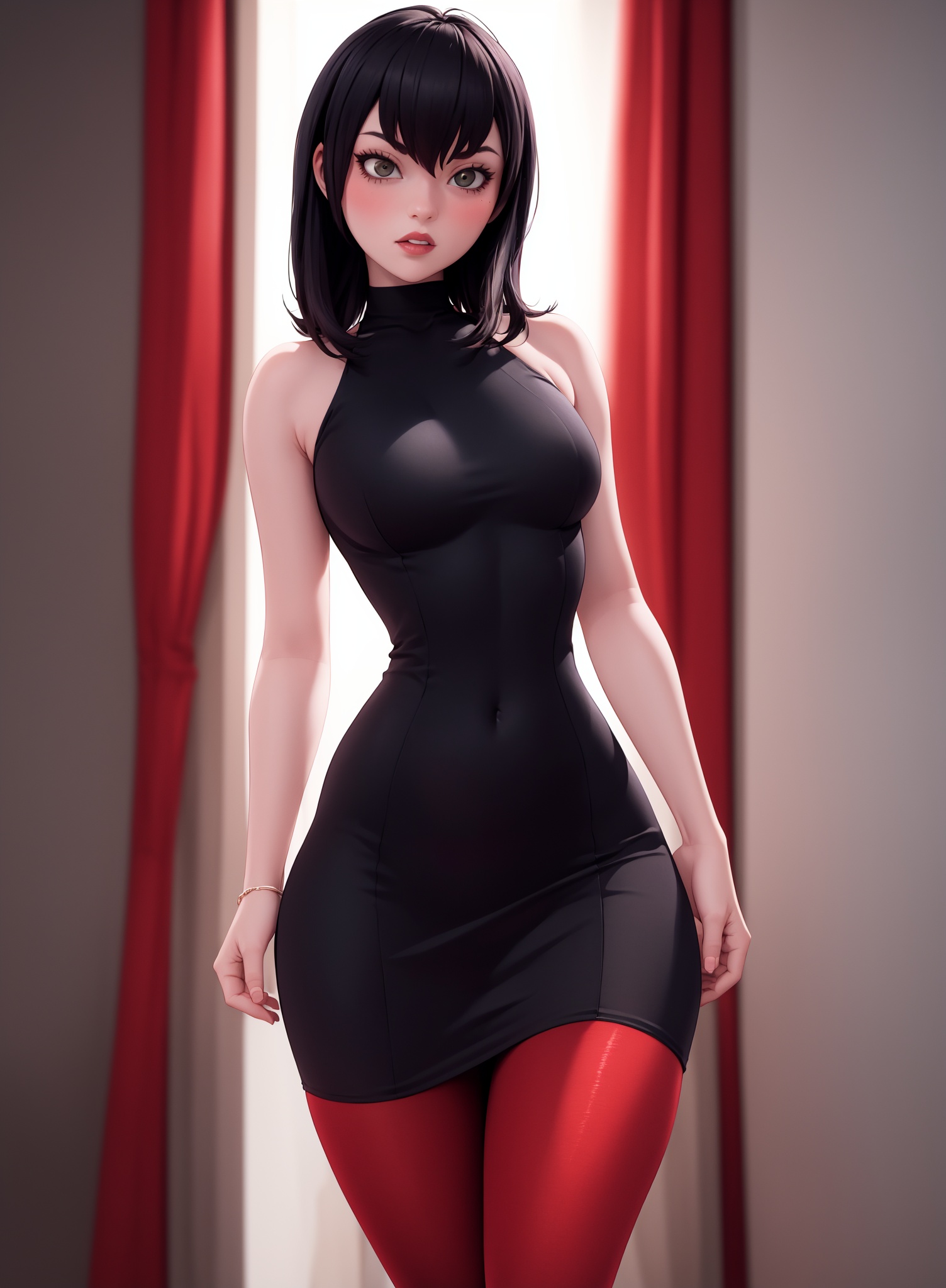 mavis,  tight black dress,  long tights with black and red lines on Tensor.Art