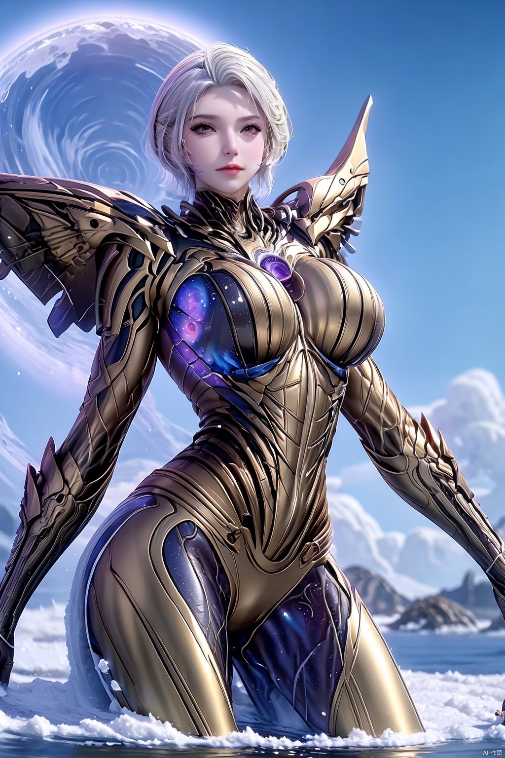 1girl, solo, breasts, looking at viewer, short hair, large breasts,huge breasts, white hair, sky, water, armor, lips, bodysuit, colored skin, planet