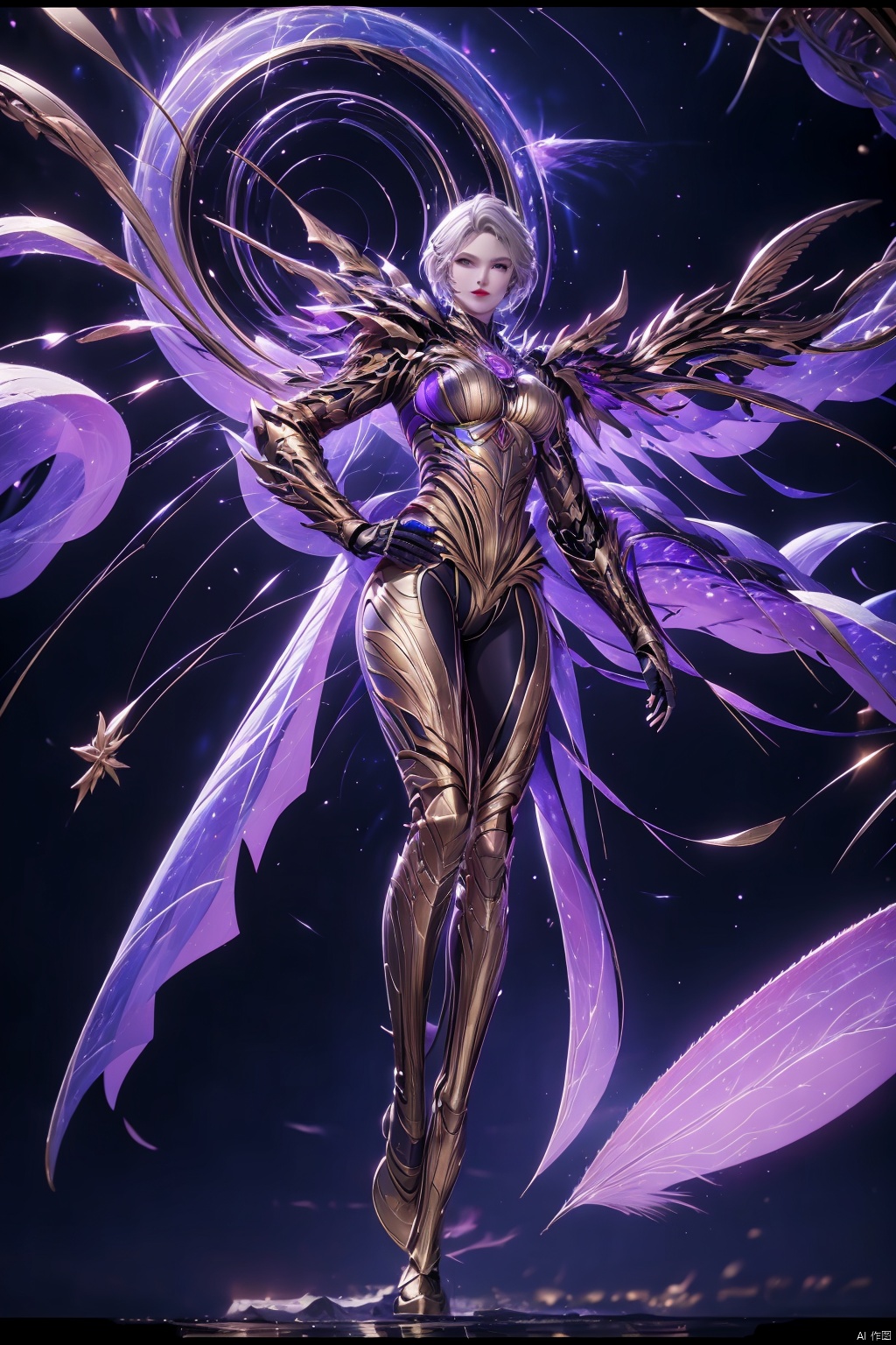 1girl, solo, breasts, looking at viewer, short hair, medium breasts, standing, full body, white hair, wings, cape, armor, hand on hip, shoulder armor, gauntlets, floating, pauldrons, red lips
