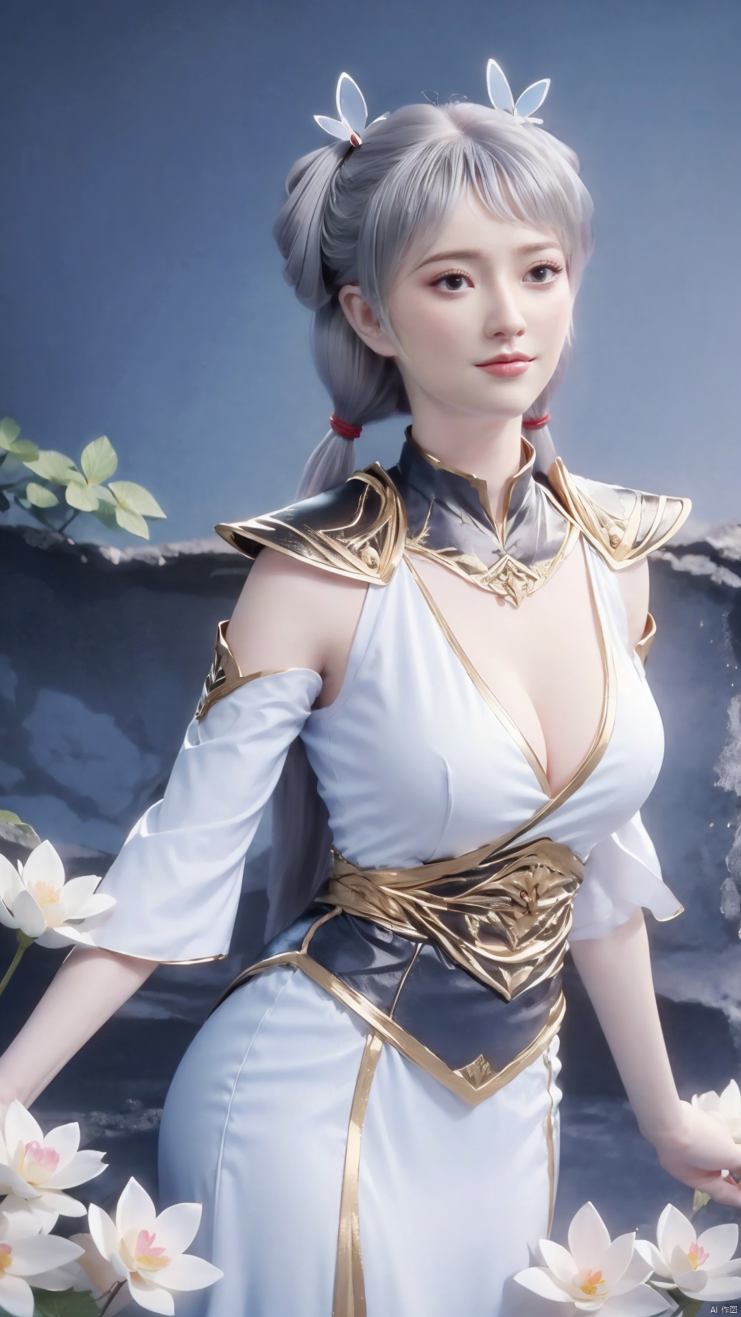  masterpiece,(best quality),official art,(extremely delicate and beautiful),1girl, solo, twintails, blue eyes, dress, detached sleeves, mischevious smile, perfect body, scenery, sharp focus, best quality, masterpiece, detailed outfit, illustration, perfect eyes, finely detailed beautiful anime eyes, realistic skin, intricate details, best lighting, depth of field, ultra high resolution,cowboy_shot, dynamic pose, dynamic angle,X-Hydrangea, Water_butterfly,(big breasts:1.39),flowers,Waterfall, lotus, willow, butterfly,
