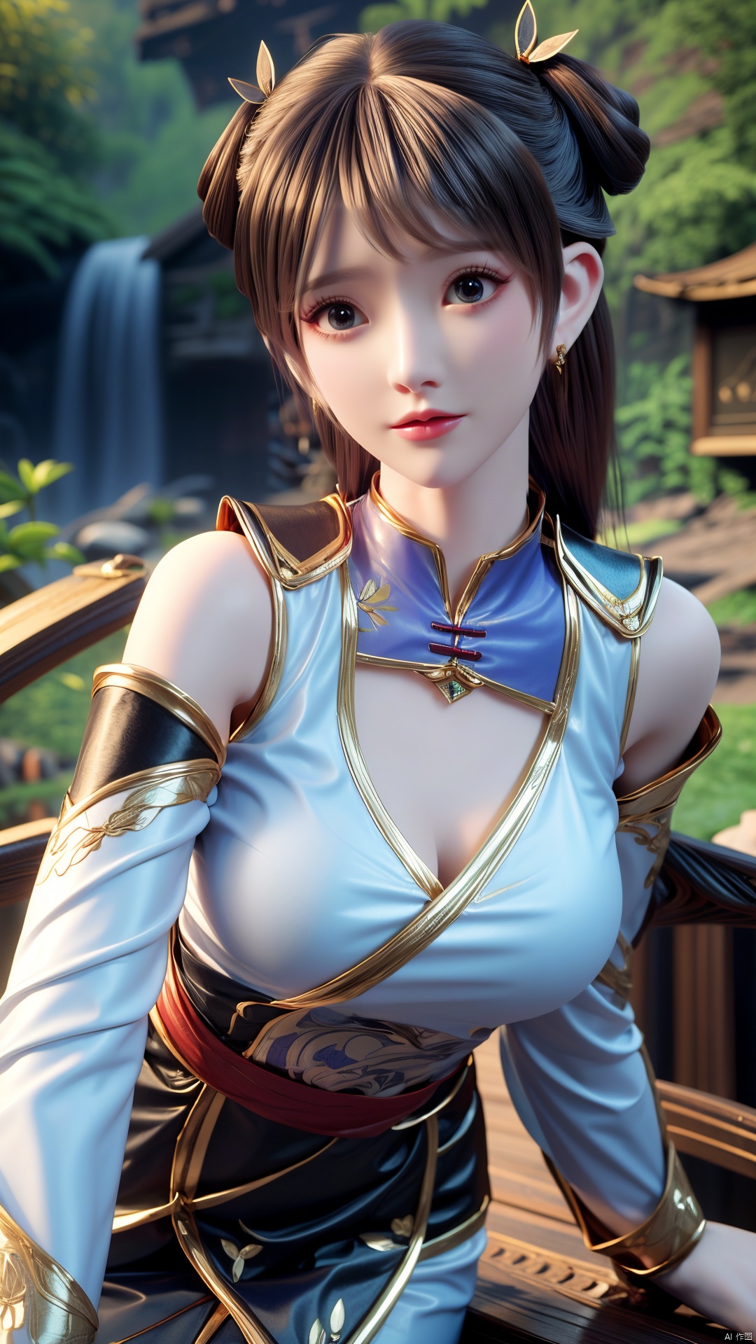masterpiece,(best quality),official art,(extremely delicate and beautiful),solo,(yellow chinese clothes,yellow dress,bare shoulders,frilled collar,earrings,long sleeves),1girl,solo,black hair,facial mark,forehead mark,hair bun,hair ornament,hair stick,jewelry,long hair,,adfxx,,Xjinpinger,(big breasts:1.39),flowers,Waterfall, lotus, willow, butterfly,Xhanxue