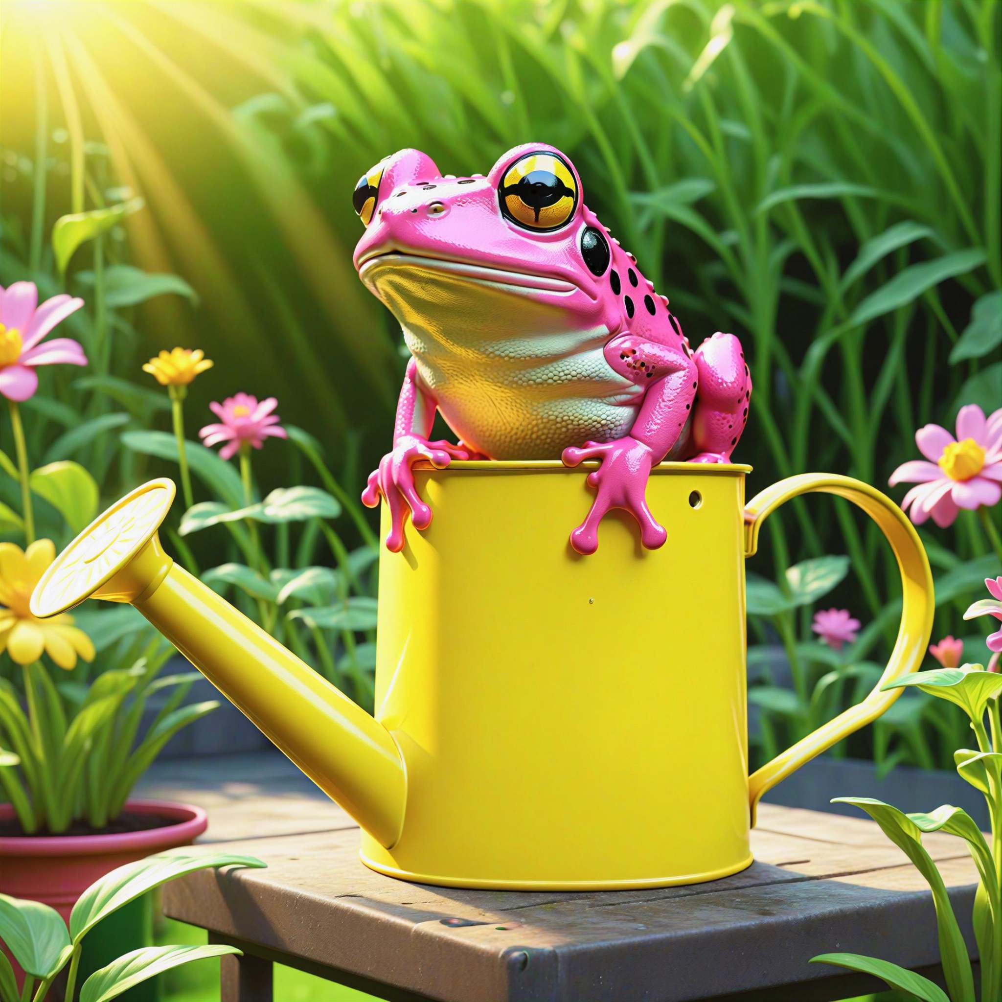 A pink frog on a yellow watering can standing in the garden,  ,  newest on Tensor.Art