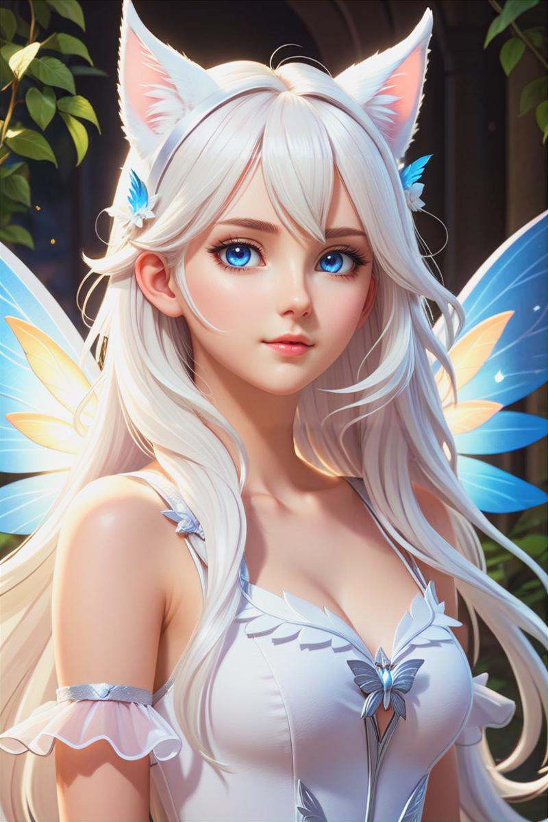 a young white girl in a fairy outfit with white cat ears and wings,  1girl,  solo on Tensor.Art