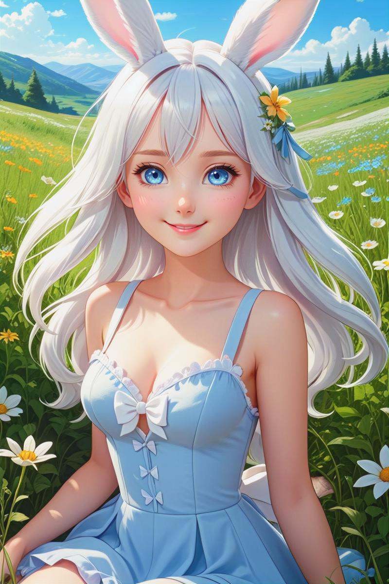 a cute rabbit girl with white rabbit ears in in a flower meadow,  young looking face,  animal ears on Tensor.Art