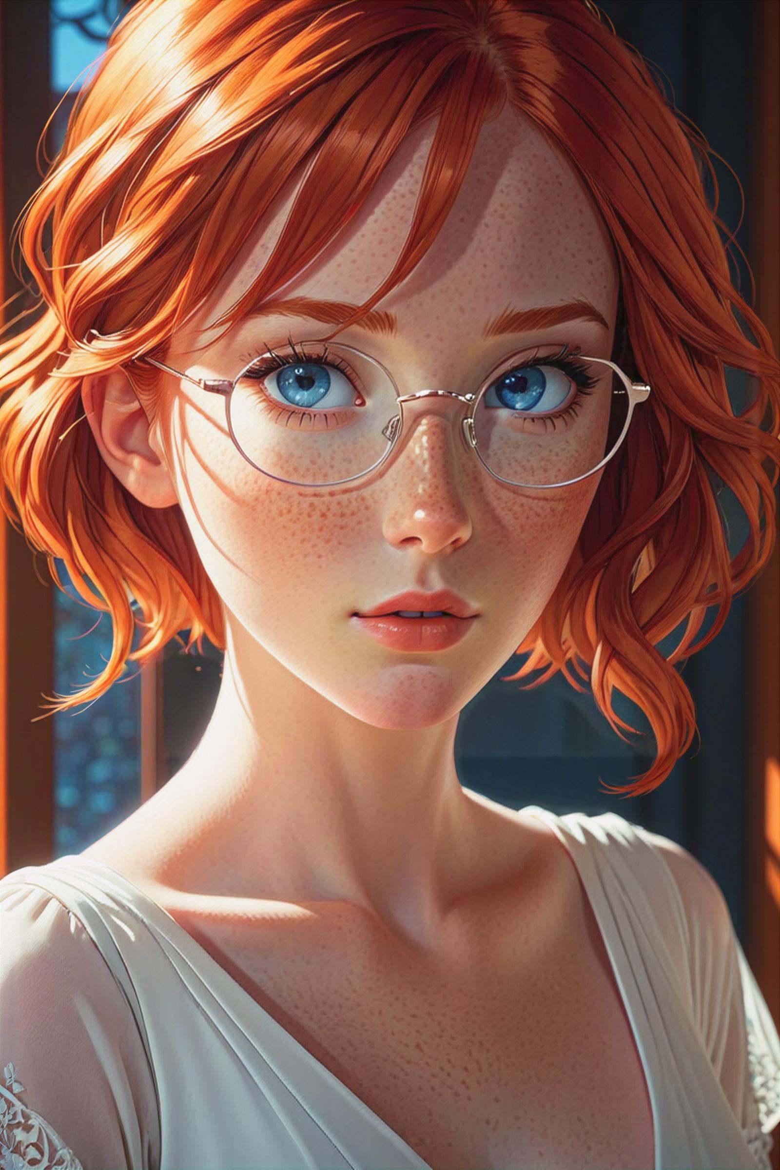 a woman with red hair,  small narrow glasses,  wearing a white dress on Tensor.Art