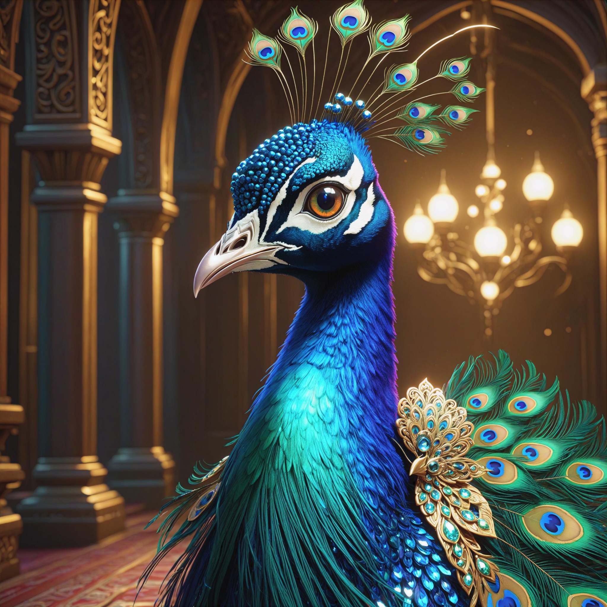A peacock ,  small and cute,  generate a celestial adorable non-human animal in the style of celestial and fantasy. the an...