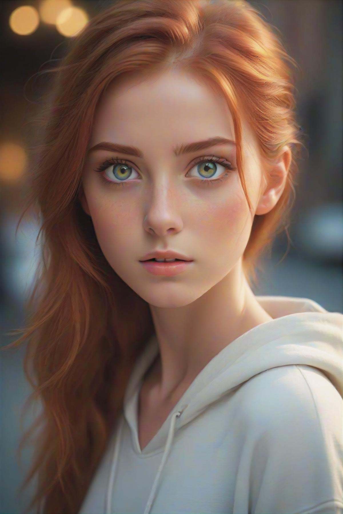 gorgeous young modern fashionable girl with expressive eyes and ginger hair,  perfect beautiful eyes,  beautiful detailed...