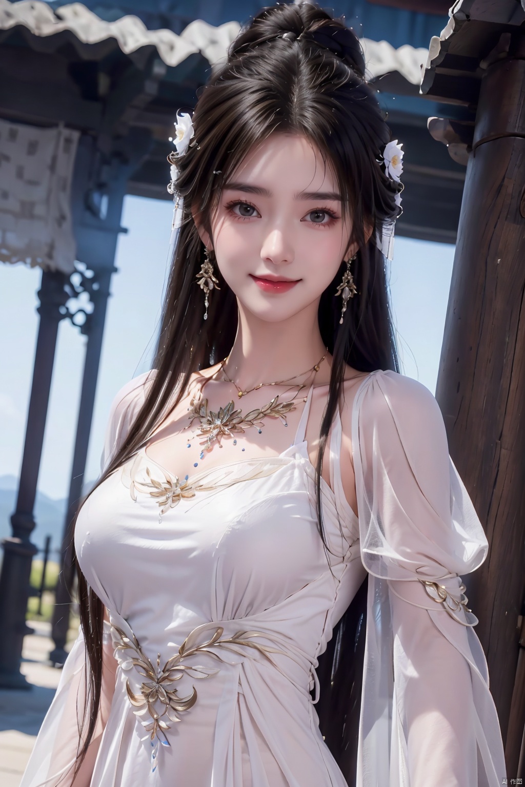 1girl,dress,solo,white dress,jewelry,long hair,hair ornament,earrings,upper body,necklace,looking at viewer,blurry background,black hair,smile,brown hair,see-through,see-through sleeves,hair bun,blurry,flower,