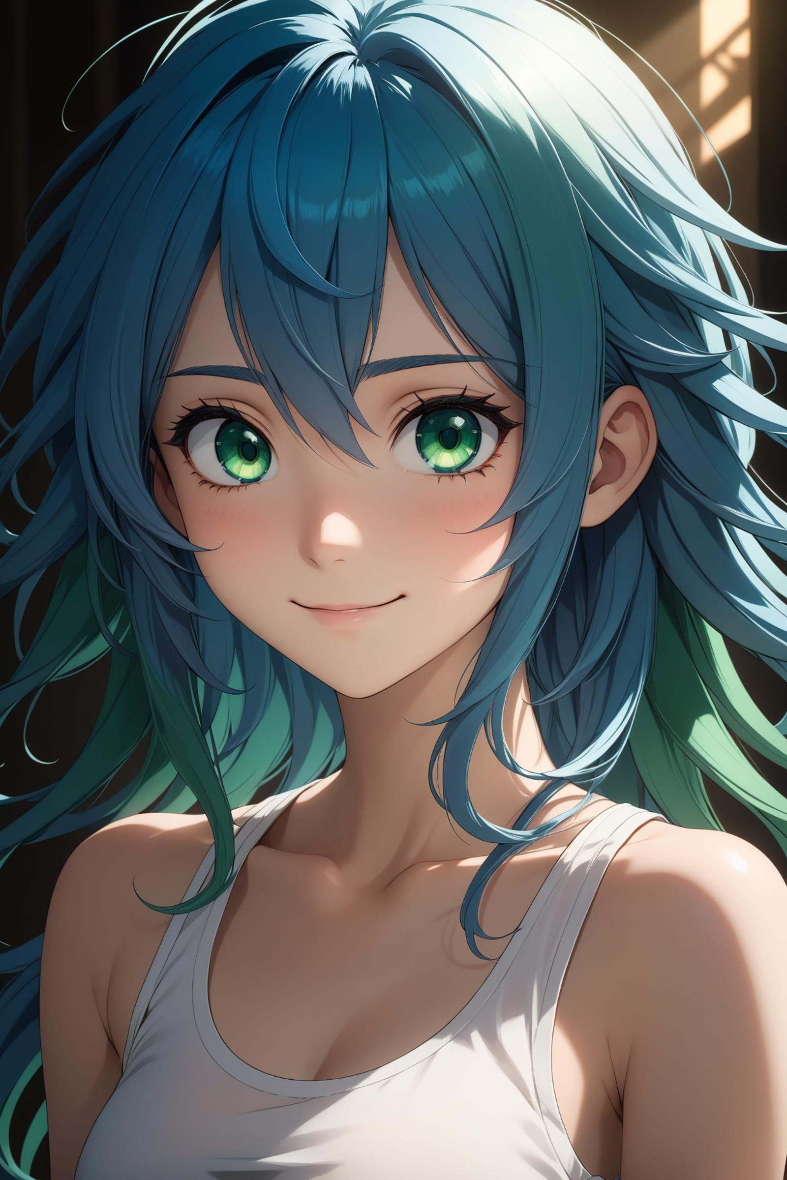 a beautiful blue haired girl,  long messy hair,  beautiful detailed deep green eyes on Tensor.Art
